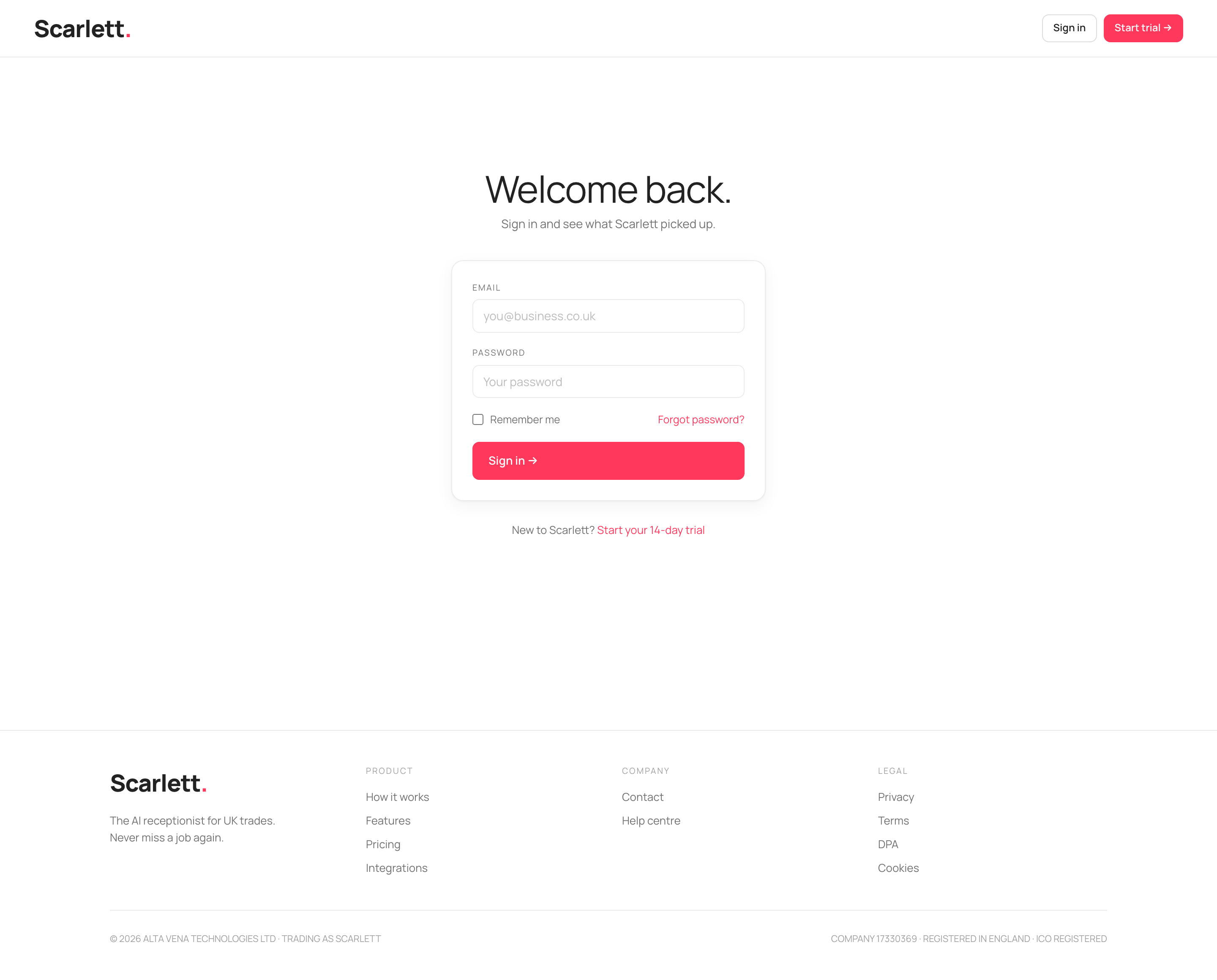 The 'Welcome back' sign-in page with email and password fields and a Sign in button.