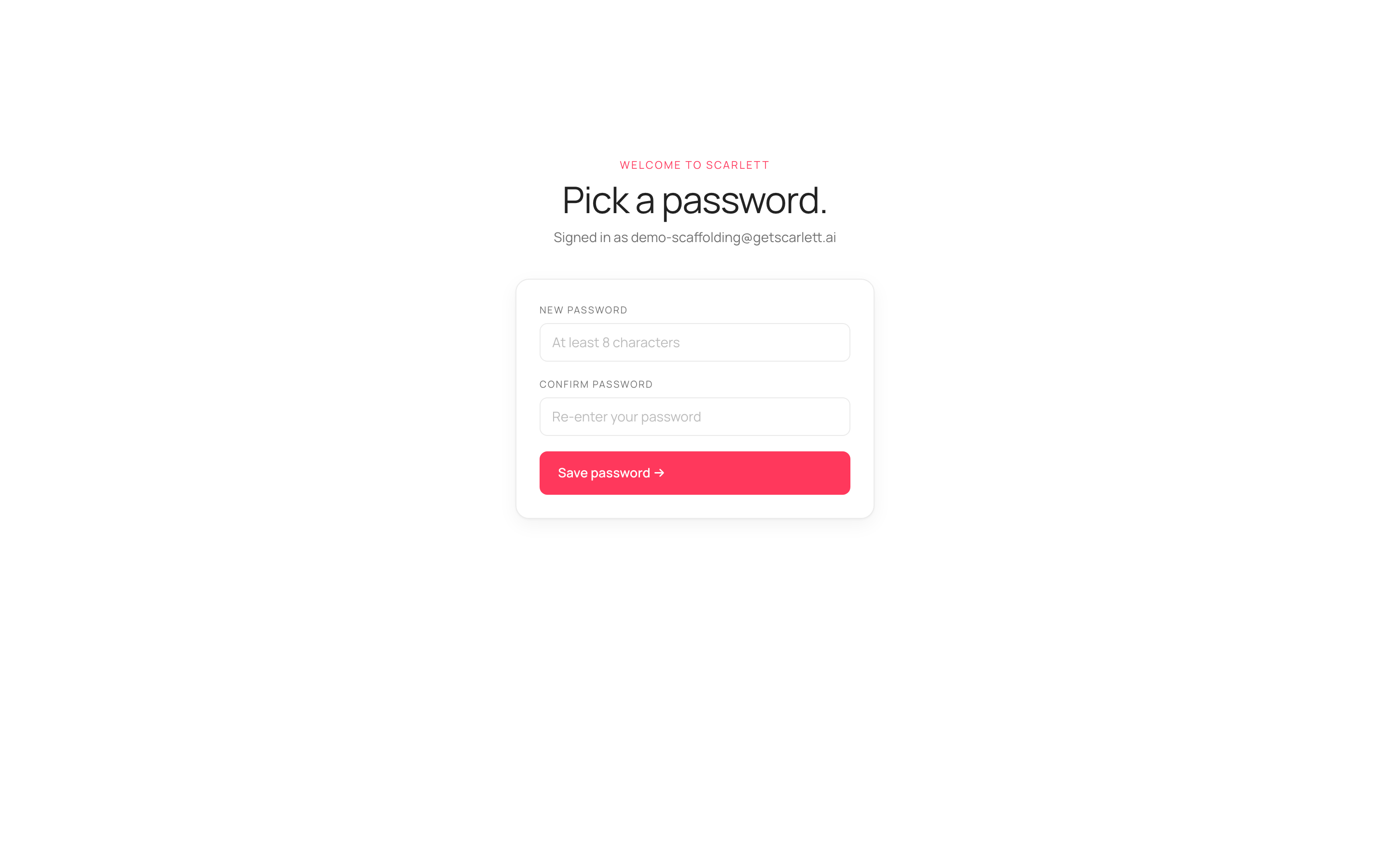 The 'Pick a password' page with New password and Confirm password fields and a Save password button.