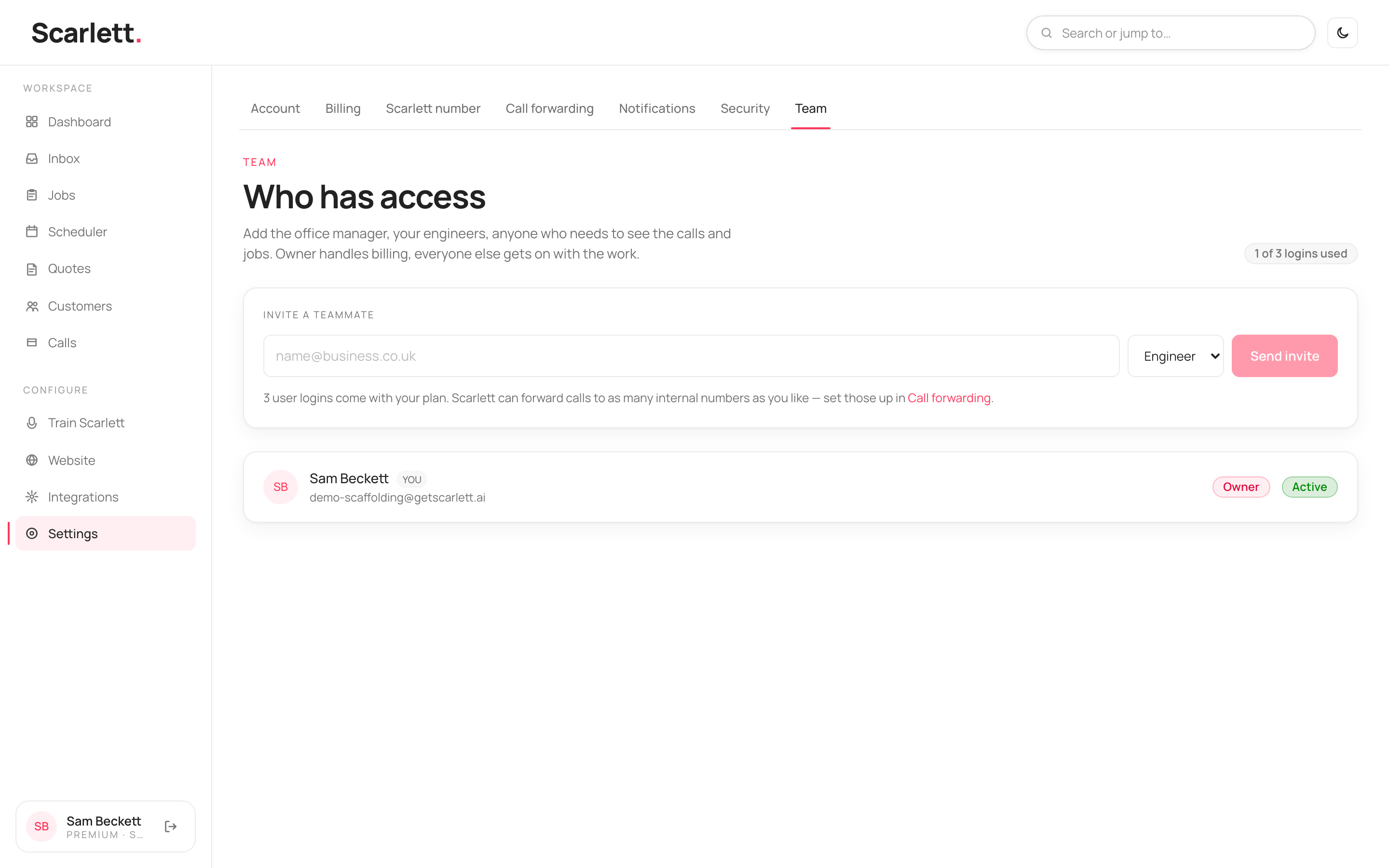 The Team page showing logins used out of three, an 'Invite a teammate' card with an email field and role picker, and the current members with roles and status.
