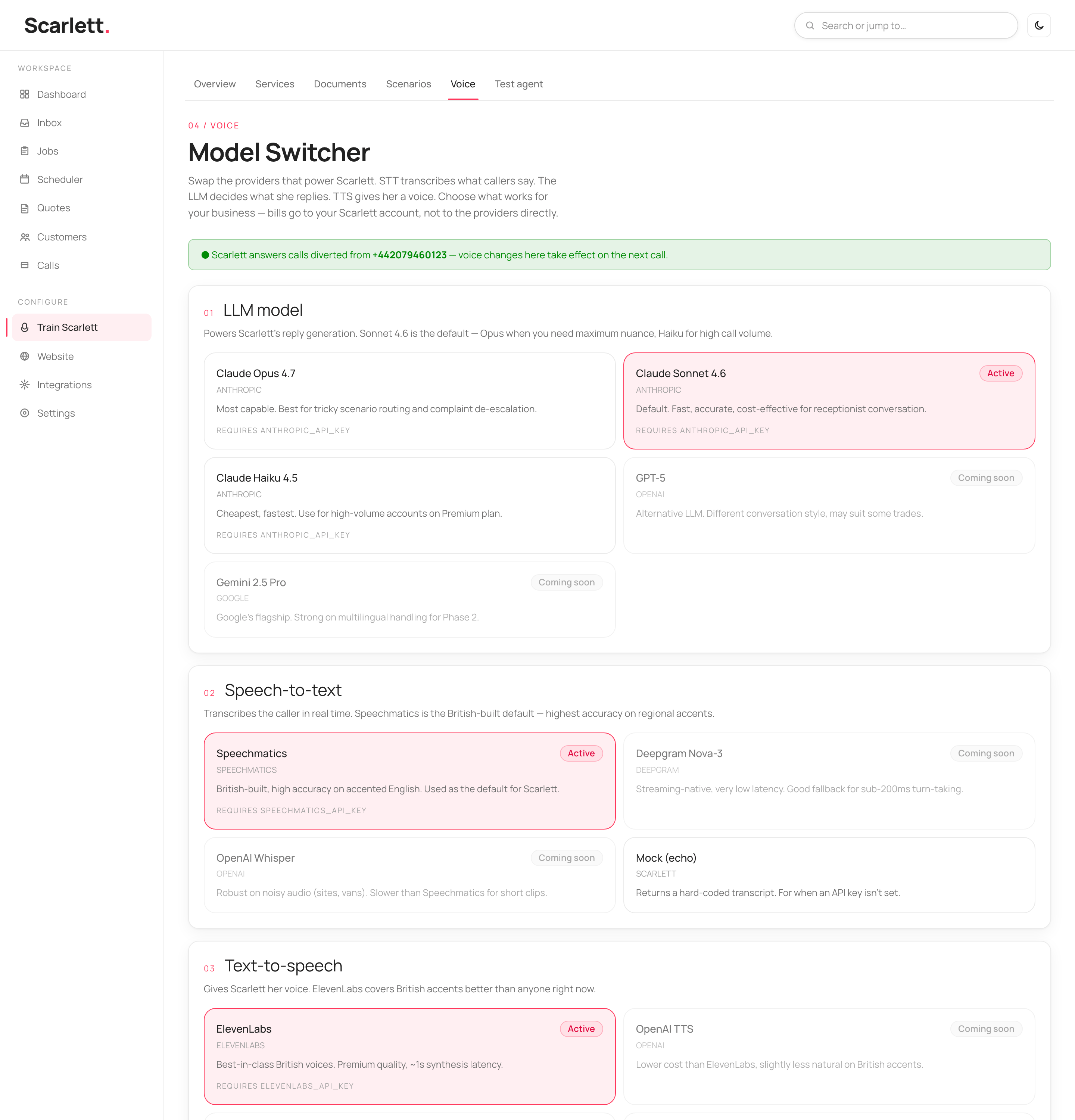 The Model Switcher with cards for the LLM model, speech-to-text, text-to-speech and the specific British voice, live options marked Active and others Coming soon.