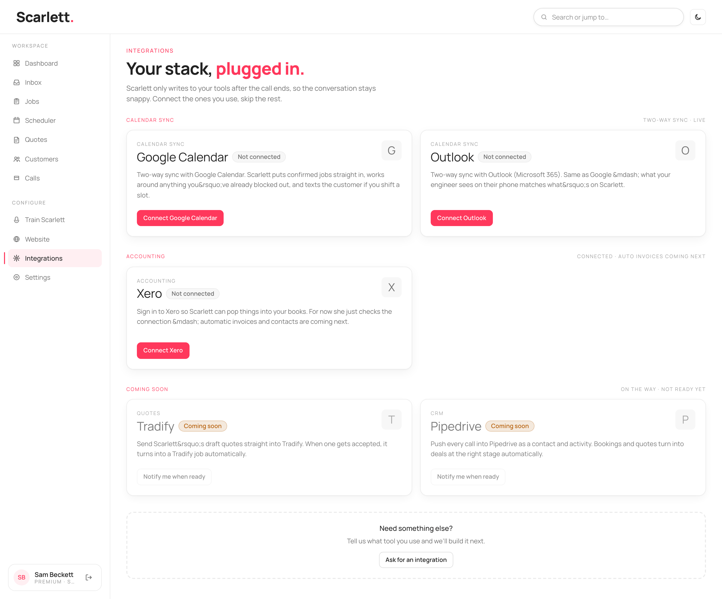 The Integrations page with a Calendar sync section (Google Calendar, Outlook), an Accounting section (Xero), and a Coming soon section (Tradify, Pipedrive).