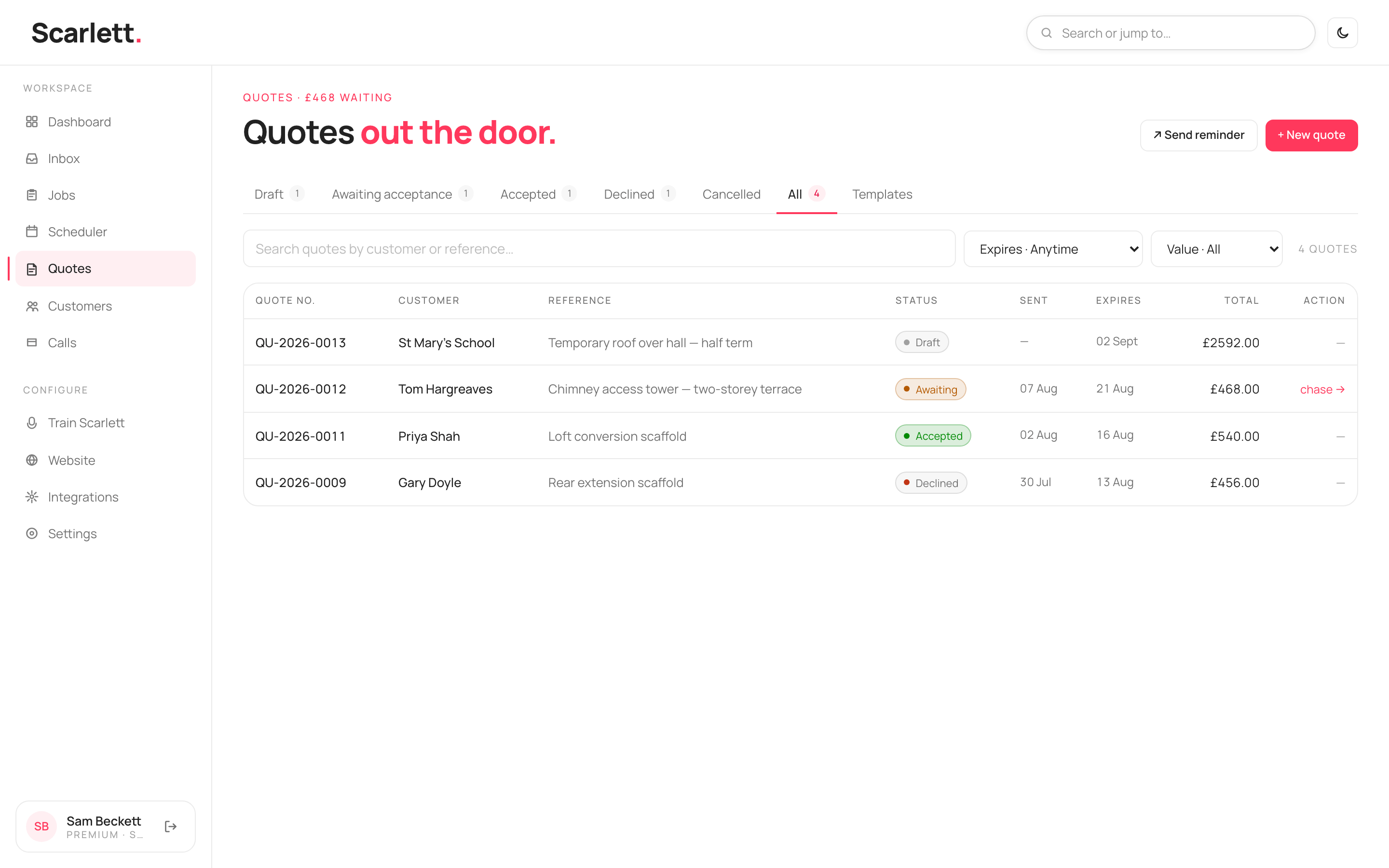 The Quotes list with status tabs and rows showing quote number, customer, reference, status, sent and expiry dates, and total.