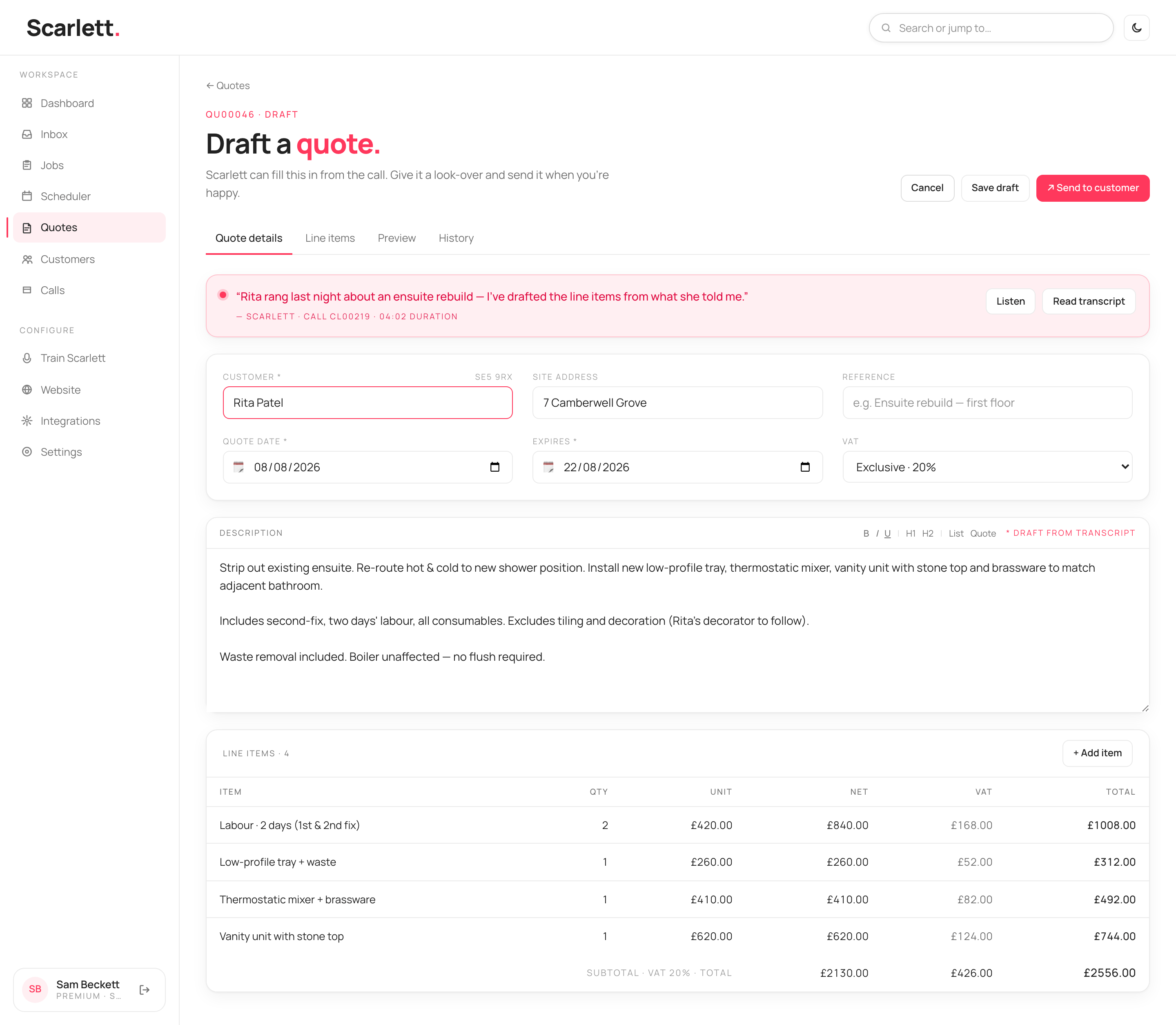 The draft-quote screen with customer and site fields, a VAT selector, a description and a line-items table with quantities, unit prices, net, VAT and totals.