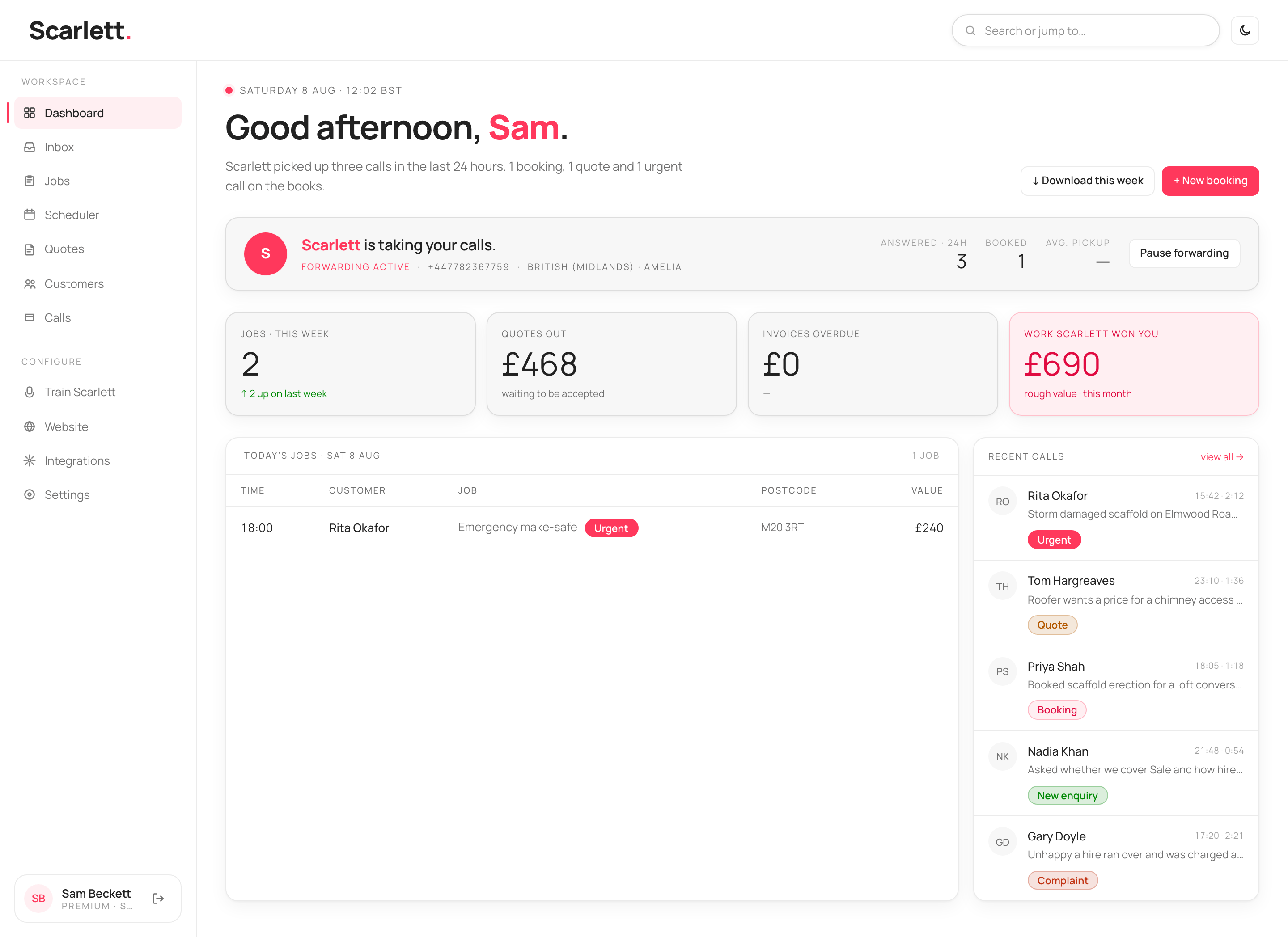 The dashboard with a greeting, a forwarding banner, four stat tiles, today's jobs and a recent-calls panel.