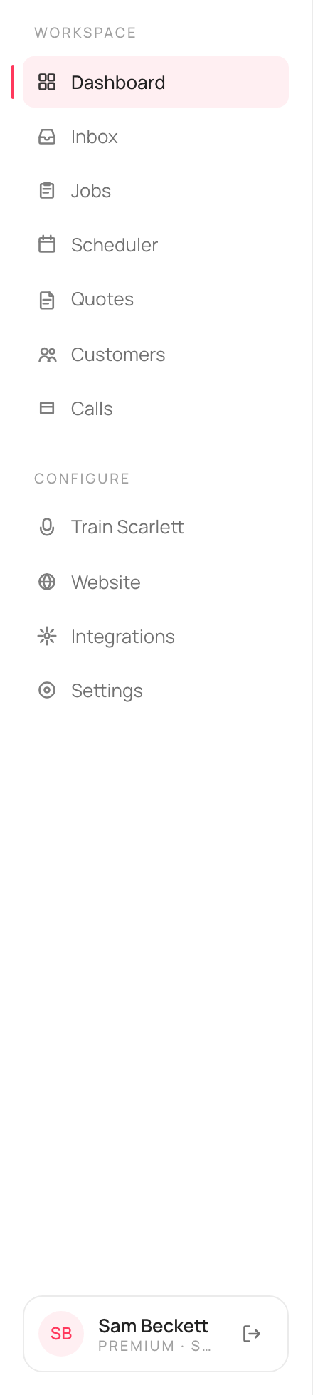 The left navigation with a Workspace group (Dashboard, Inbox, Jobs, Scheduler, Quotes, Customers, Calls) and a Configure group (Train Scarlett, Website, Integrations, Settings).