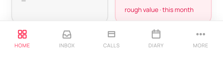 The mobile bottom tab bar with Home, Inbox, Calls, Diary and More.