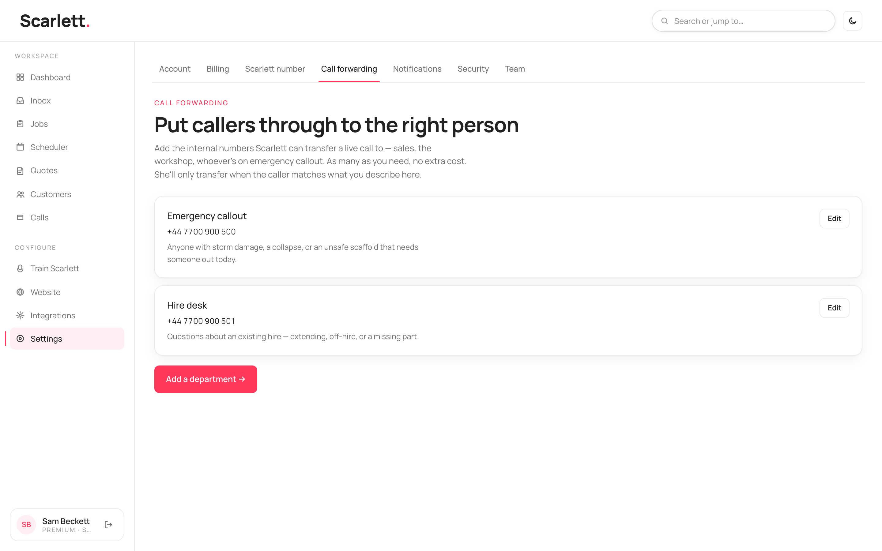 The Call forwarding page listing departments Scarlett can transfer to, each with a number and a 'when to use it' description, and an Add a department control.