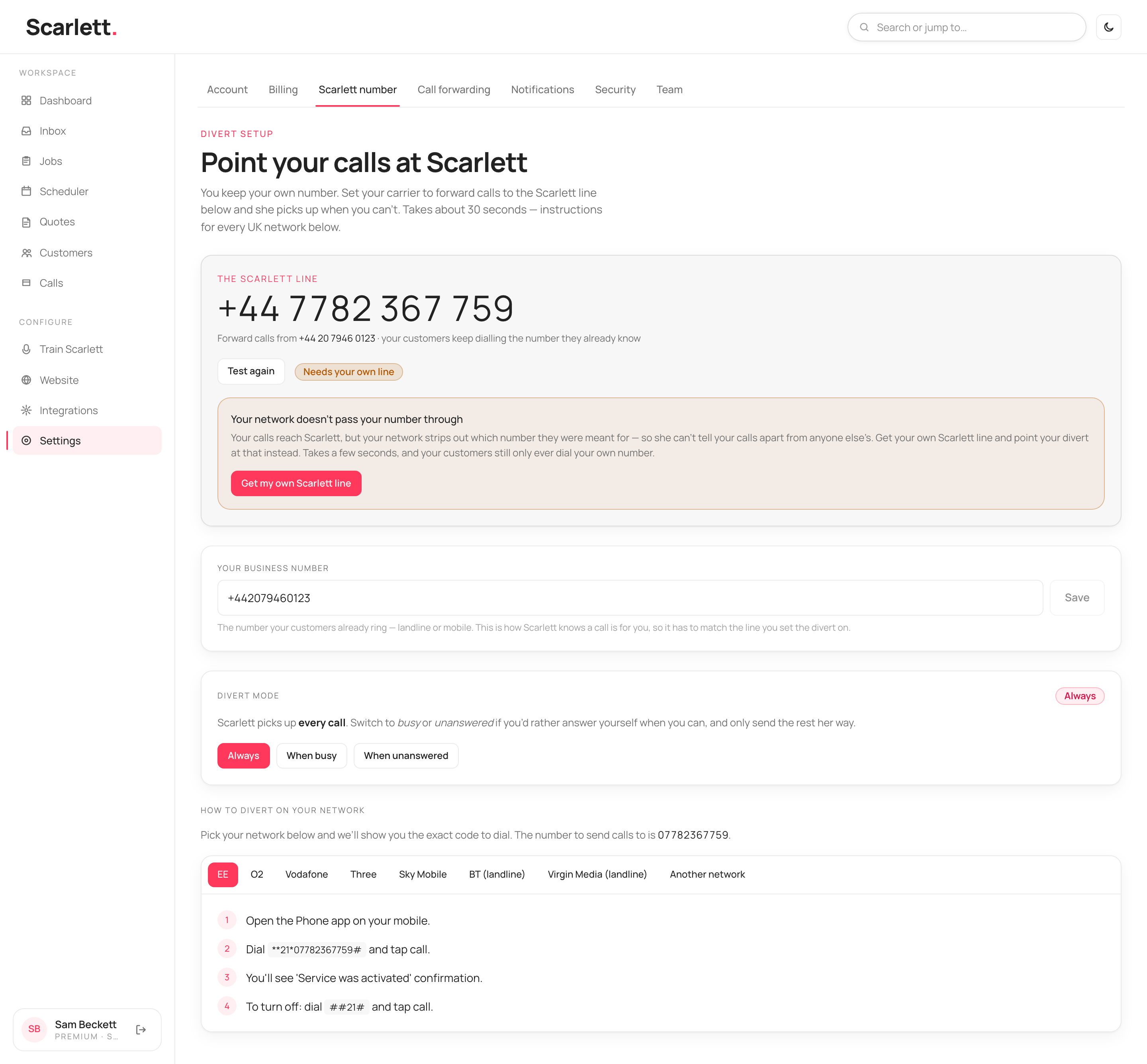 The Scarlett number page showing a 'Needs your own line' status and a 'Get my own Scarlett line' offer.