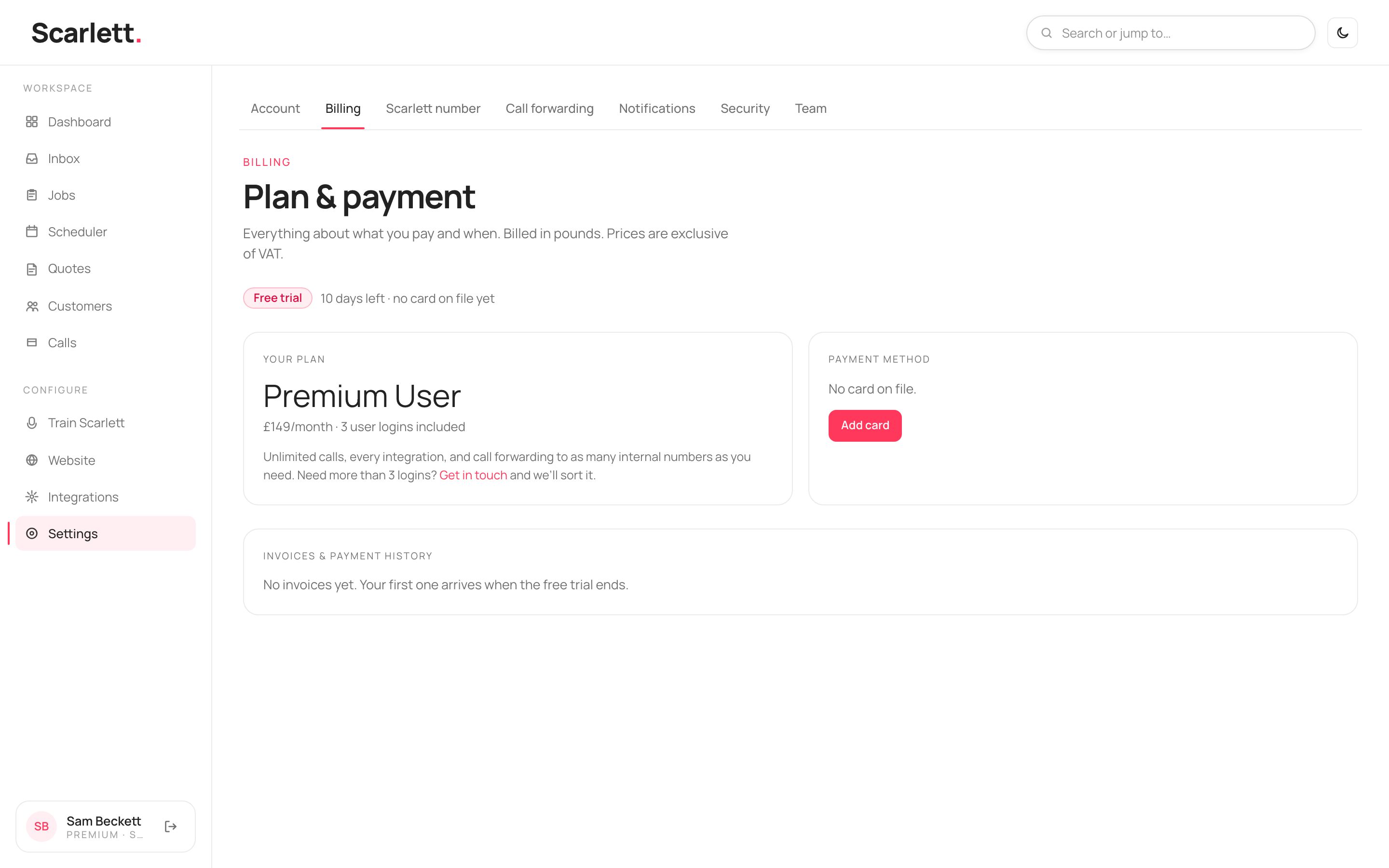 The Billing page with a Free trial status, the Premium User plan at £149 a month with three logins, a 'No card on file' payment card, and an empty invoices list.