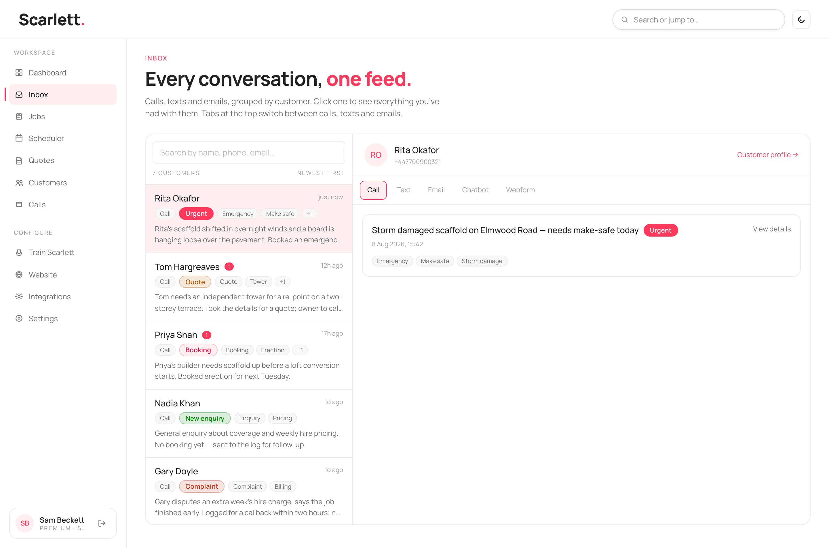 The Inbox with a left rail of customers by most-recent activity, channel tabs for Call, Text and Email, and a conversation pane showing the history with the selected customer.