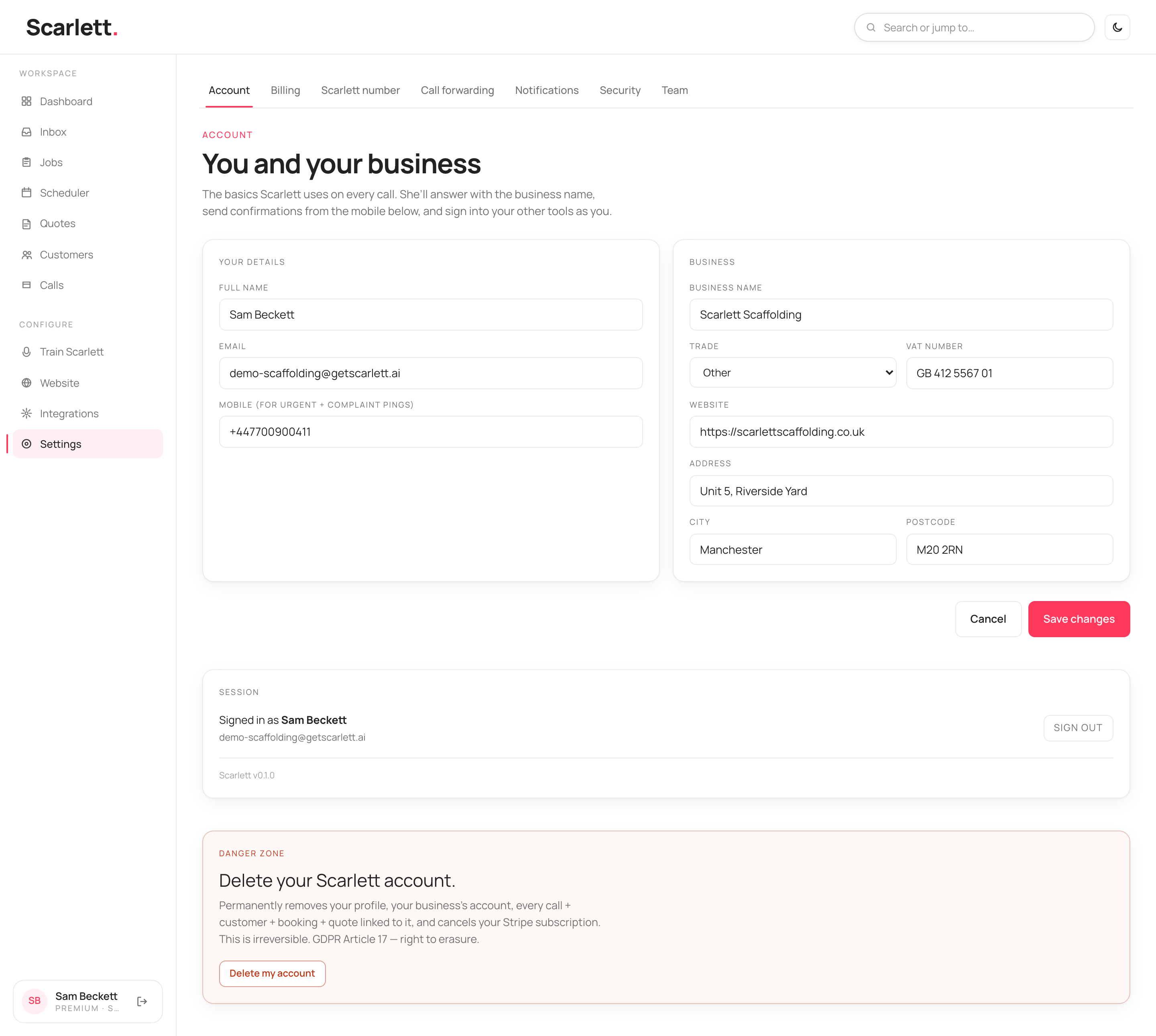 The Account settings with a 'Your details' card and a 'Business' card holding business name, trade, VAT number, website and address, plus a Save changes button.