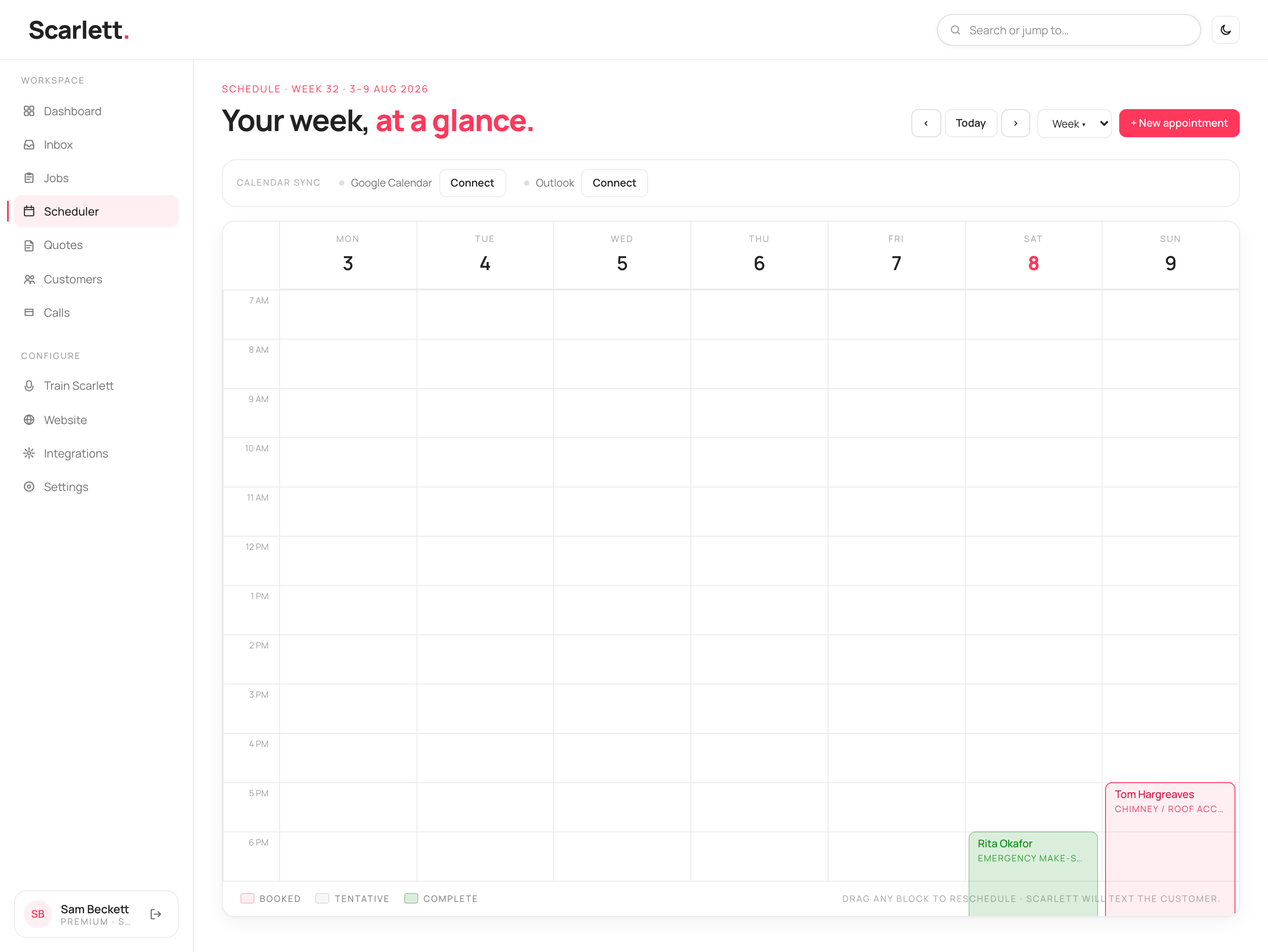The Scheduler week view from 7am to 7pm with job blocks placed on their days, a calendar-sync strip for Google and Outlook, and week navigation.
