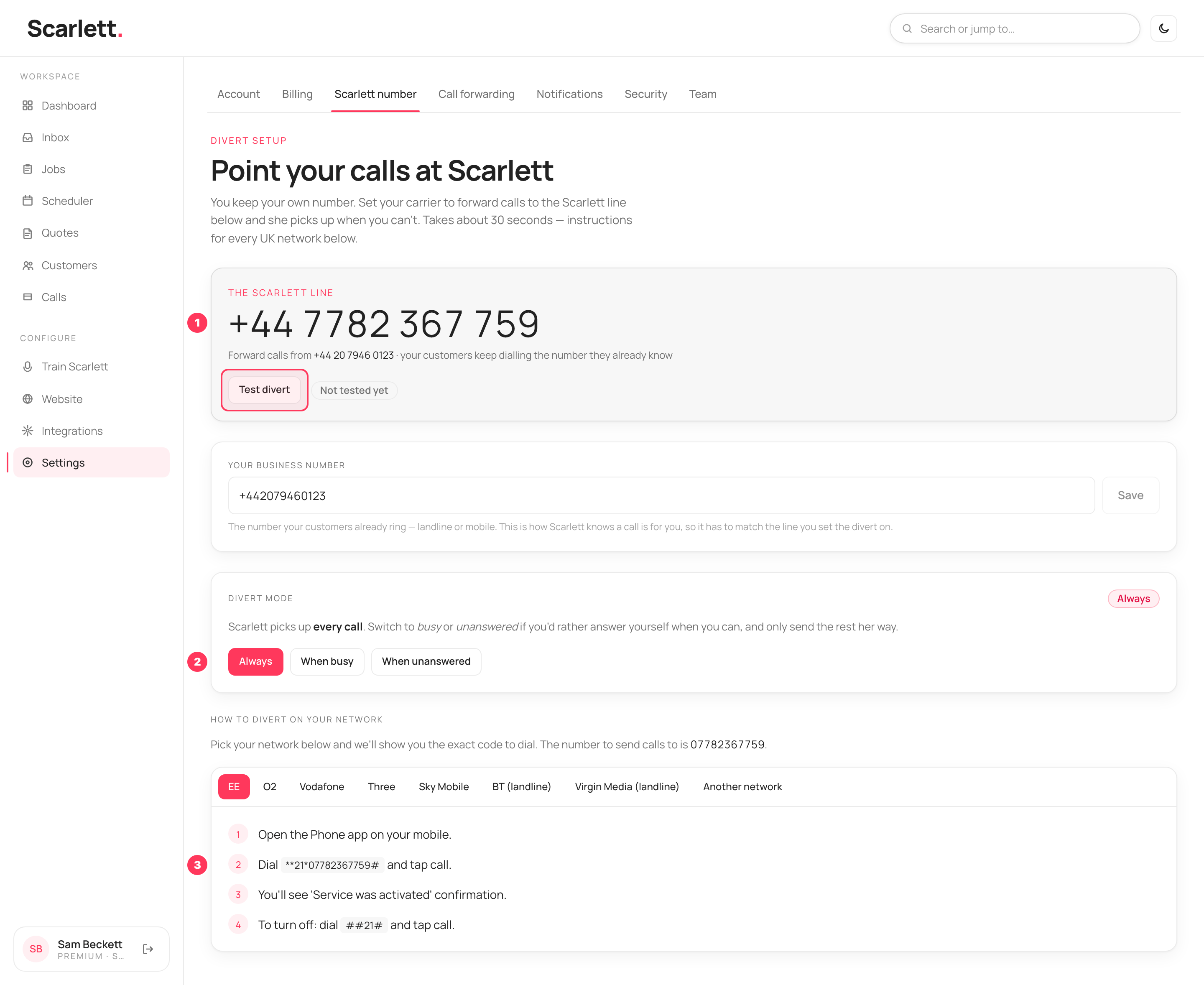 The Scarlett number settings page. The shared Scarlett line 07782 367759 is shown large at the top, with a Test divert button and a grey 'Not tested yet' pill to its right. Below are the business number field, the divert mode row with 'Always' selected, and the carrier instructions showing the EE divert code.