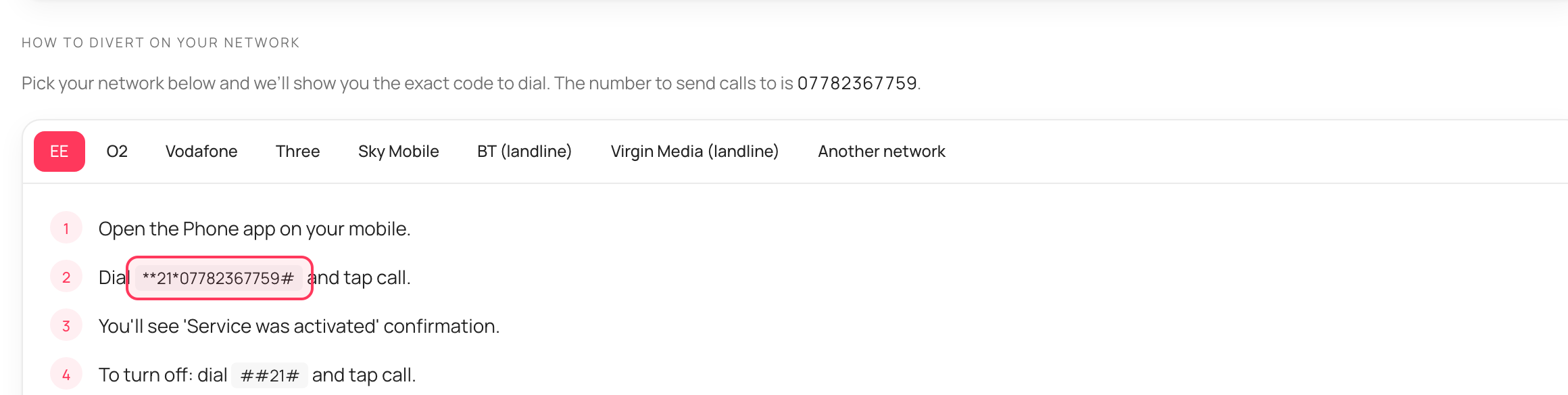 The carrier instructions card with the EE tab active and numbered steps. Step 1 shows the divert code **21*07782367759# in a highlighted code chip; step 3 shows the cancel code ##21#.