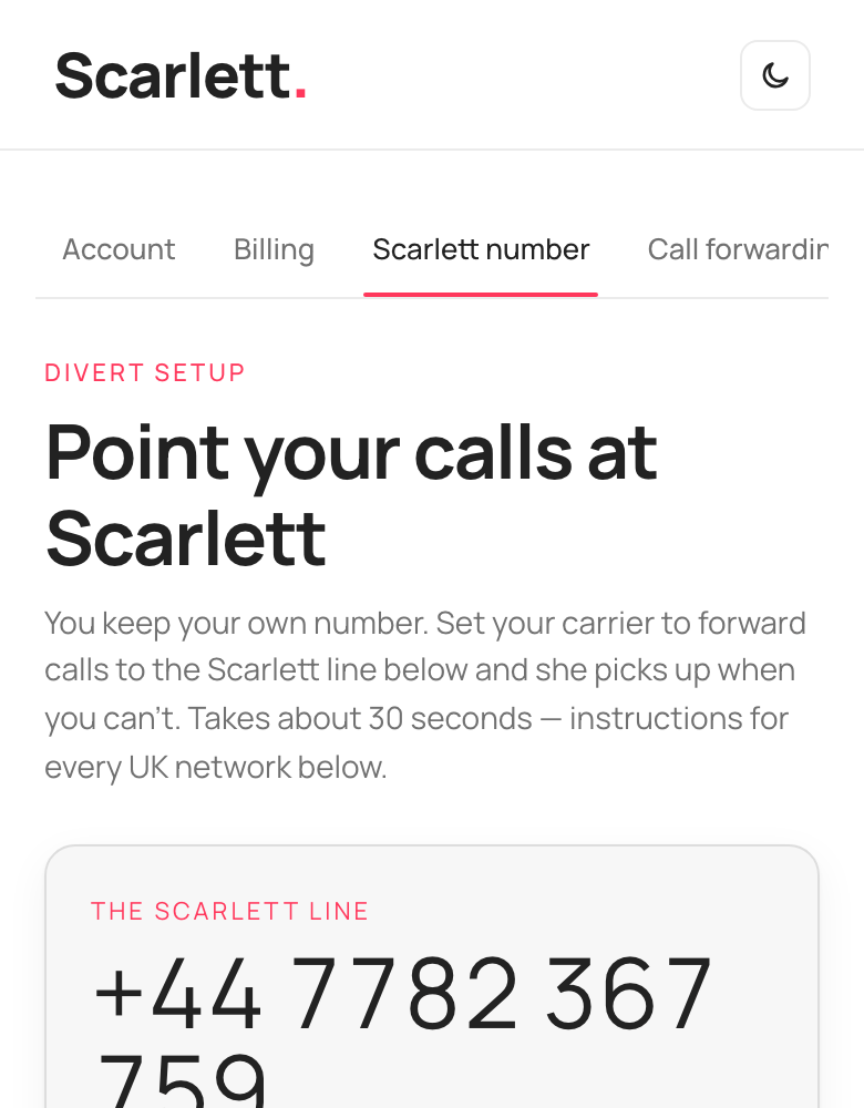 The Scarlett number page on a phone: the Scarlett line shown large with a Test divert button, and the divert-mode buttons, in a single mobile column.