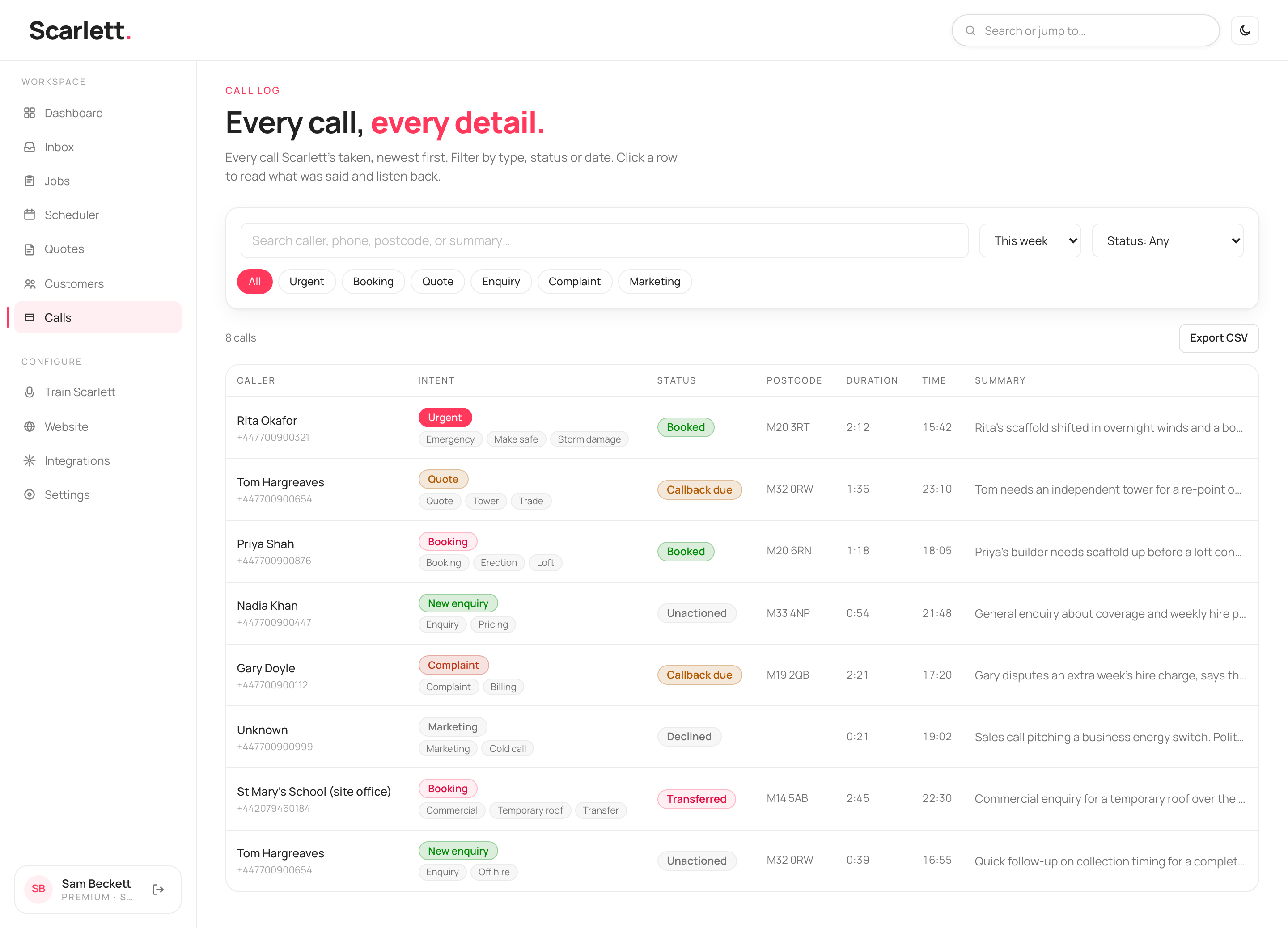 The call log listing eight calls with caller, intent tag, status, postcode, duration, time and summary columns, plus a search box, date-range and status filters, and intent filter chips.