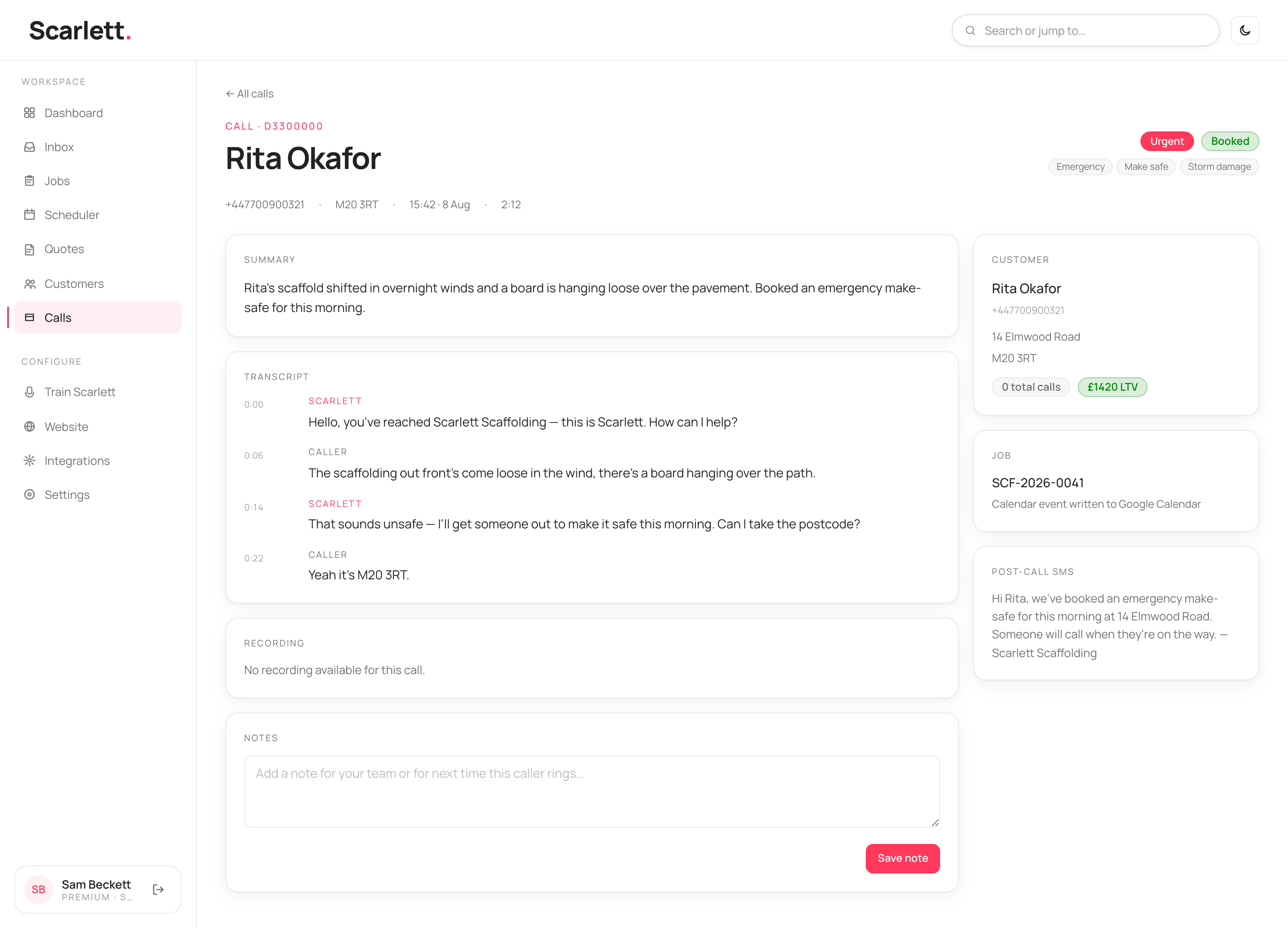 A single call's detail with the caller name, Urgent and Booked tags, a summary, the transcript, a recording panel, a notes box, and a sidebar showing the linked customer, job and the post-call text.