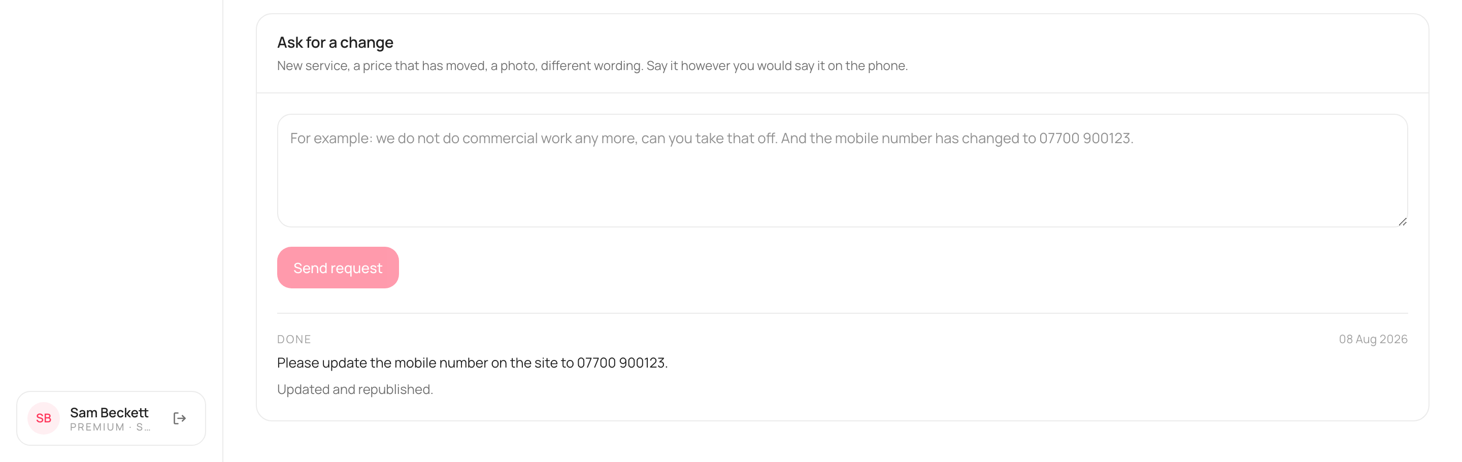 The 'Ask for a change' block on the live Website page with a text box to describe the change and a Send request button.