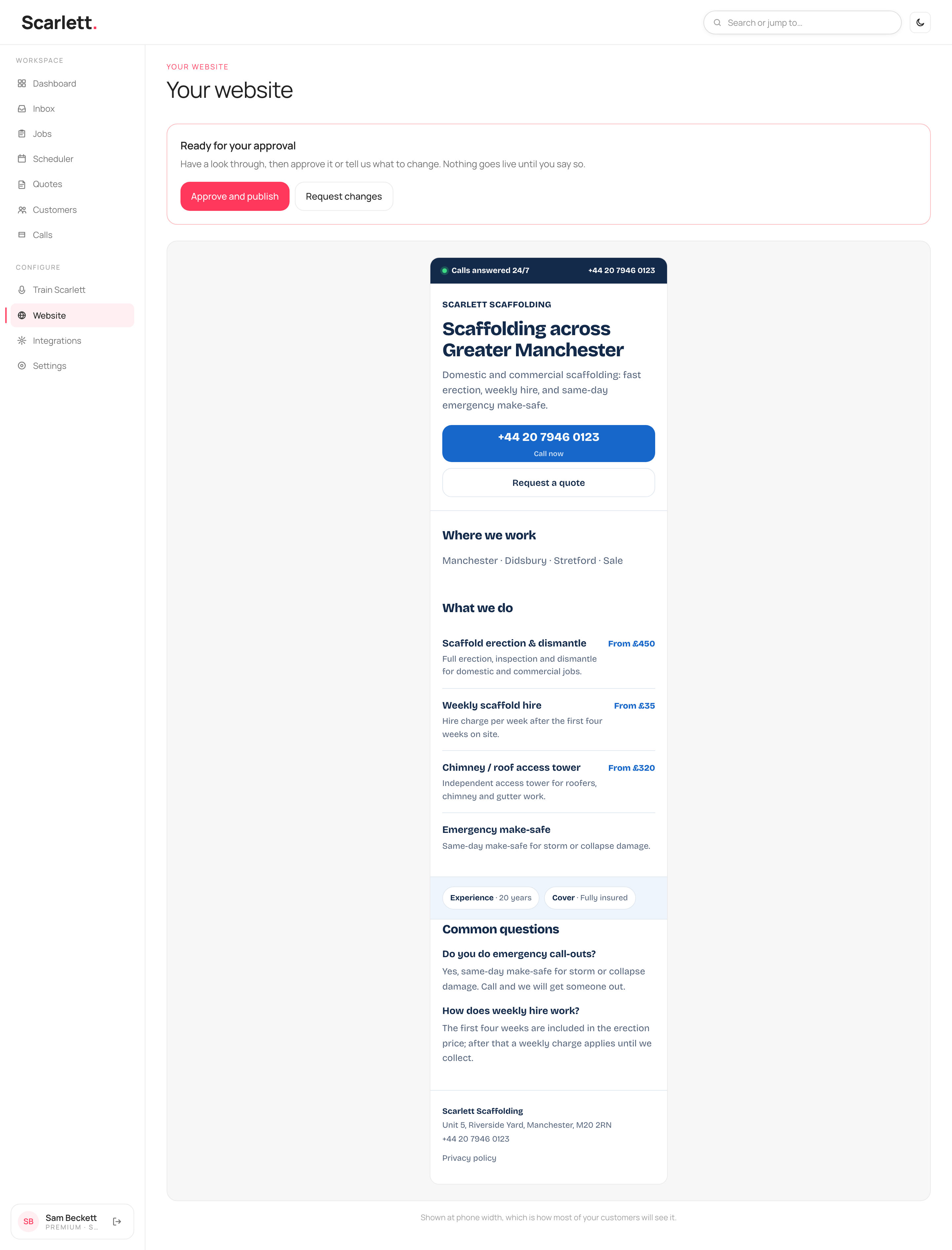 The Your website page with a 'Ready for your approval' banner, a preview of the site at phone width, and Approve and publish / Request changes buttons.
