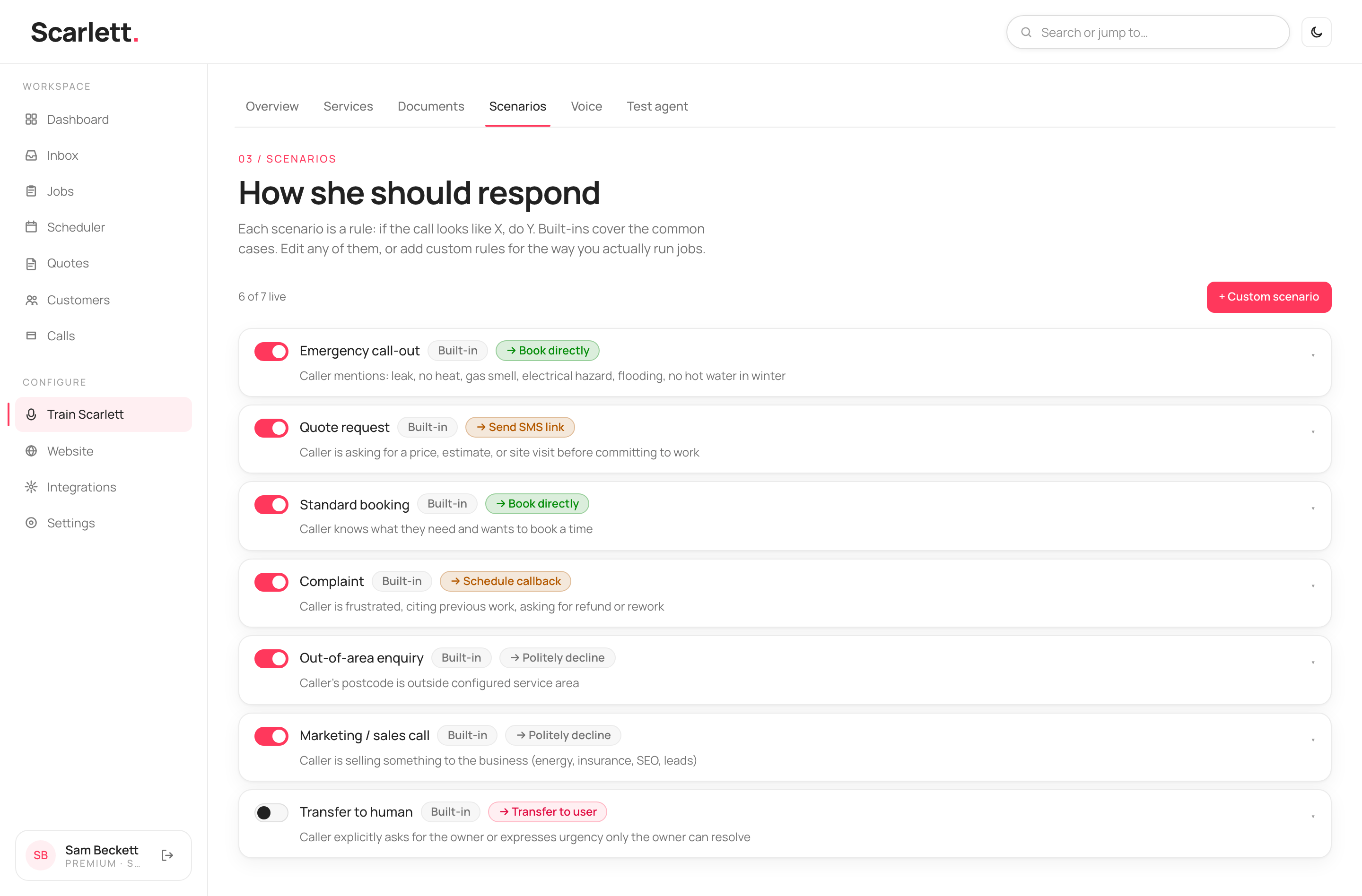 The Scenarios list with rows for the seven built-in scenarios, each with an on/off toggle, a Built-in badge, an action badge and its trigger text.