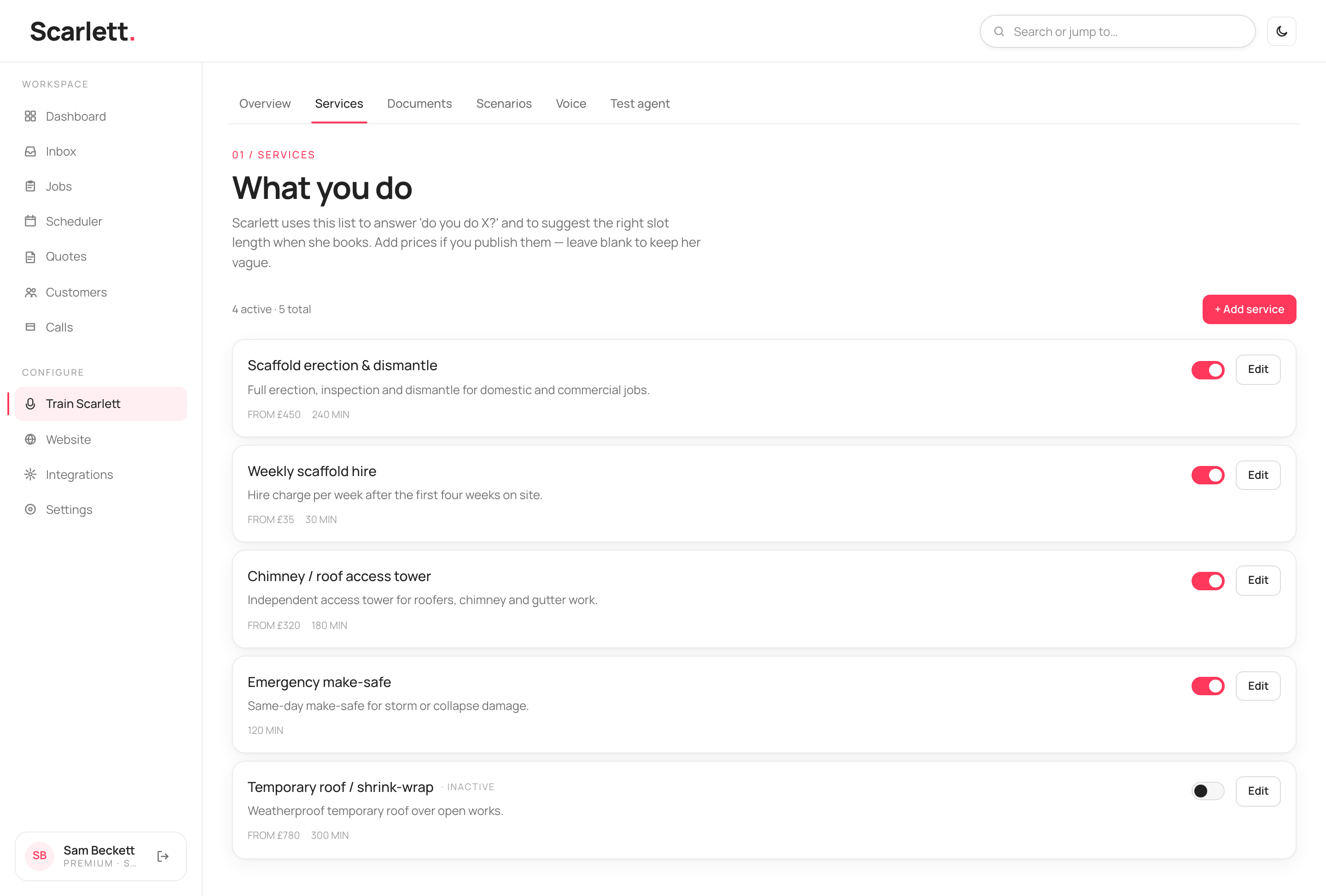 The Services list showing services with a description, a 'from' price and a duration each, plus an on/off toggle and an Edit button.