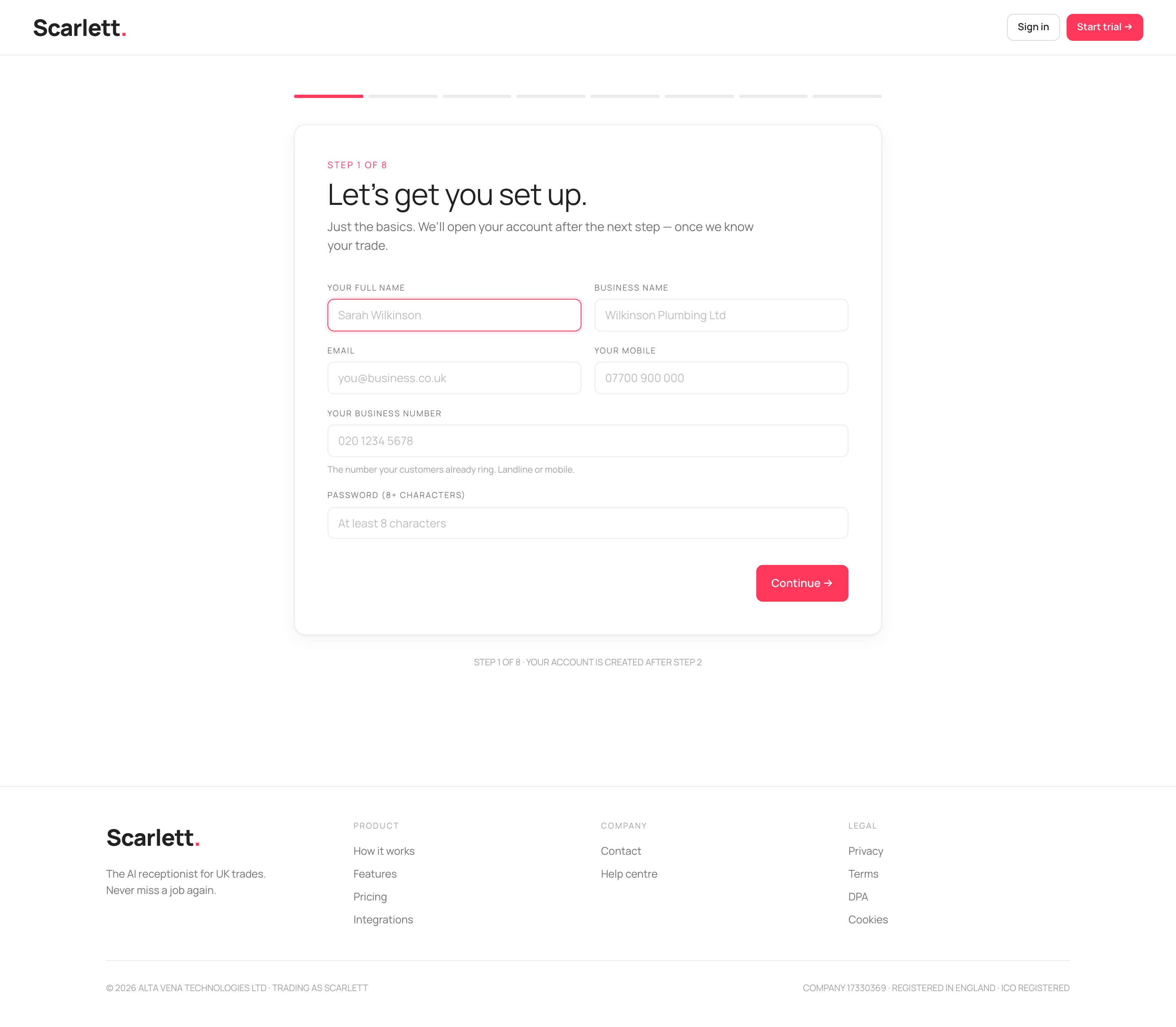 Signup step 1 of 8 with fields for full name, business name, email, mobile, your business number and a password, and an eight-segment progress bar.