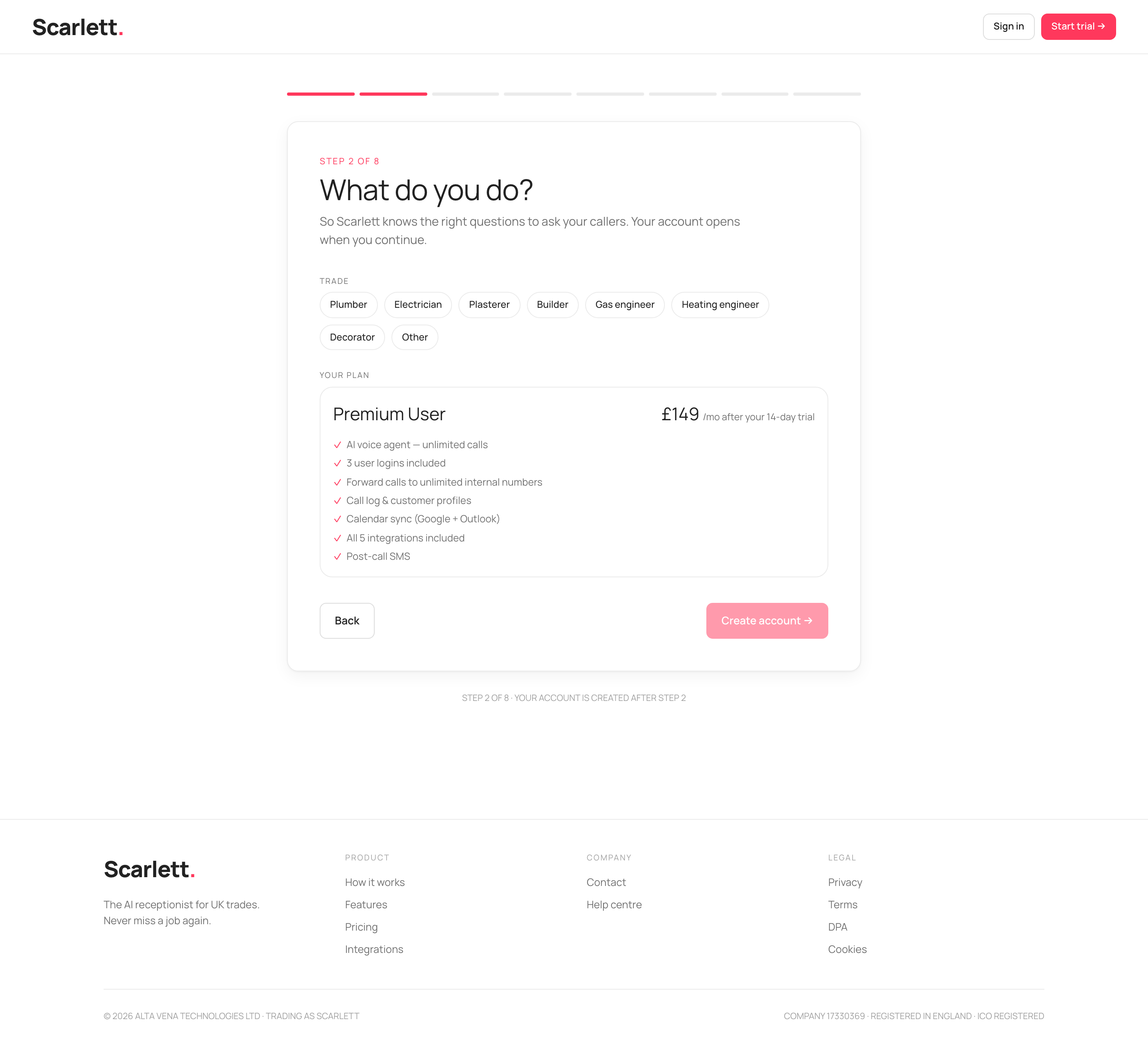 Signup step 2 with a row of trade buttons and a read-only Premium User plan card at £149 a month after a 14-day trial.