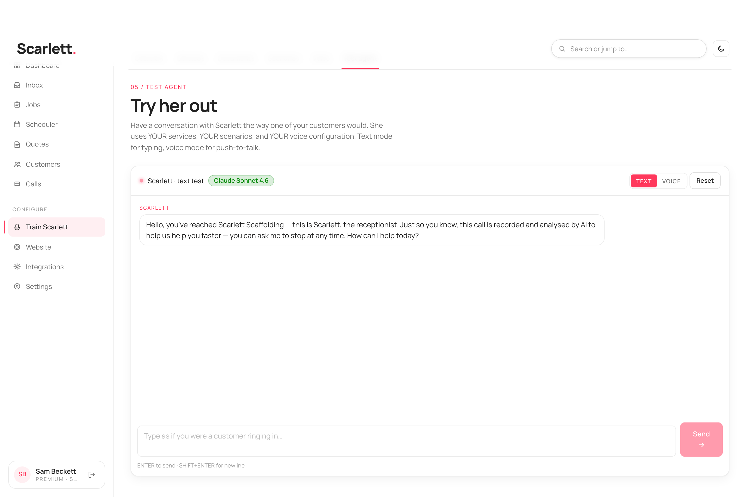 The Test agent chat with a TEXT / VOICE mode toggle, Scarlett's opening greeting, and a box to type a message.