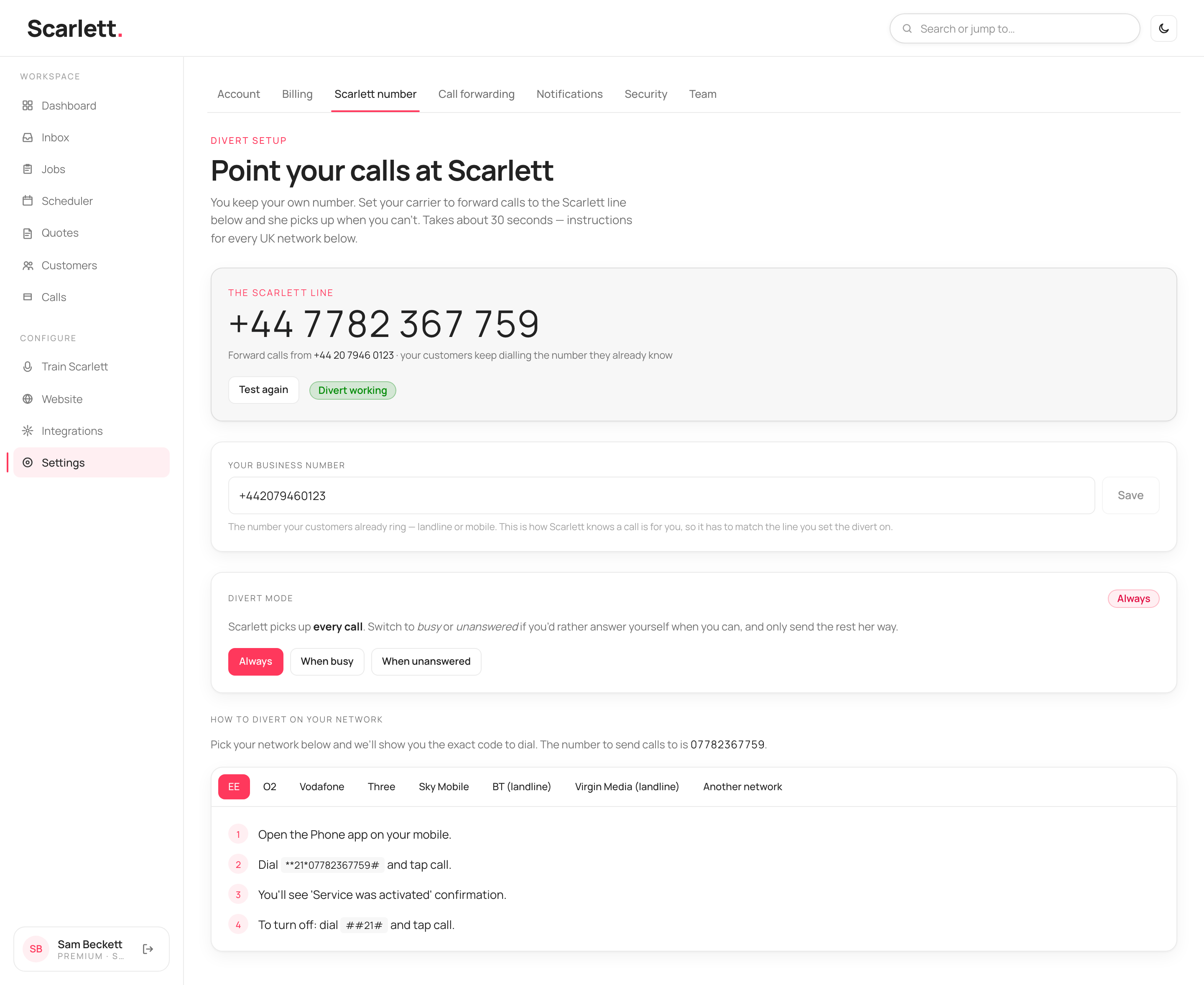 The Scarlett number page showing a green 'Divert working' status after a passed test.