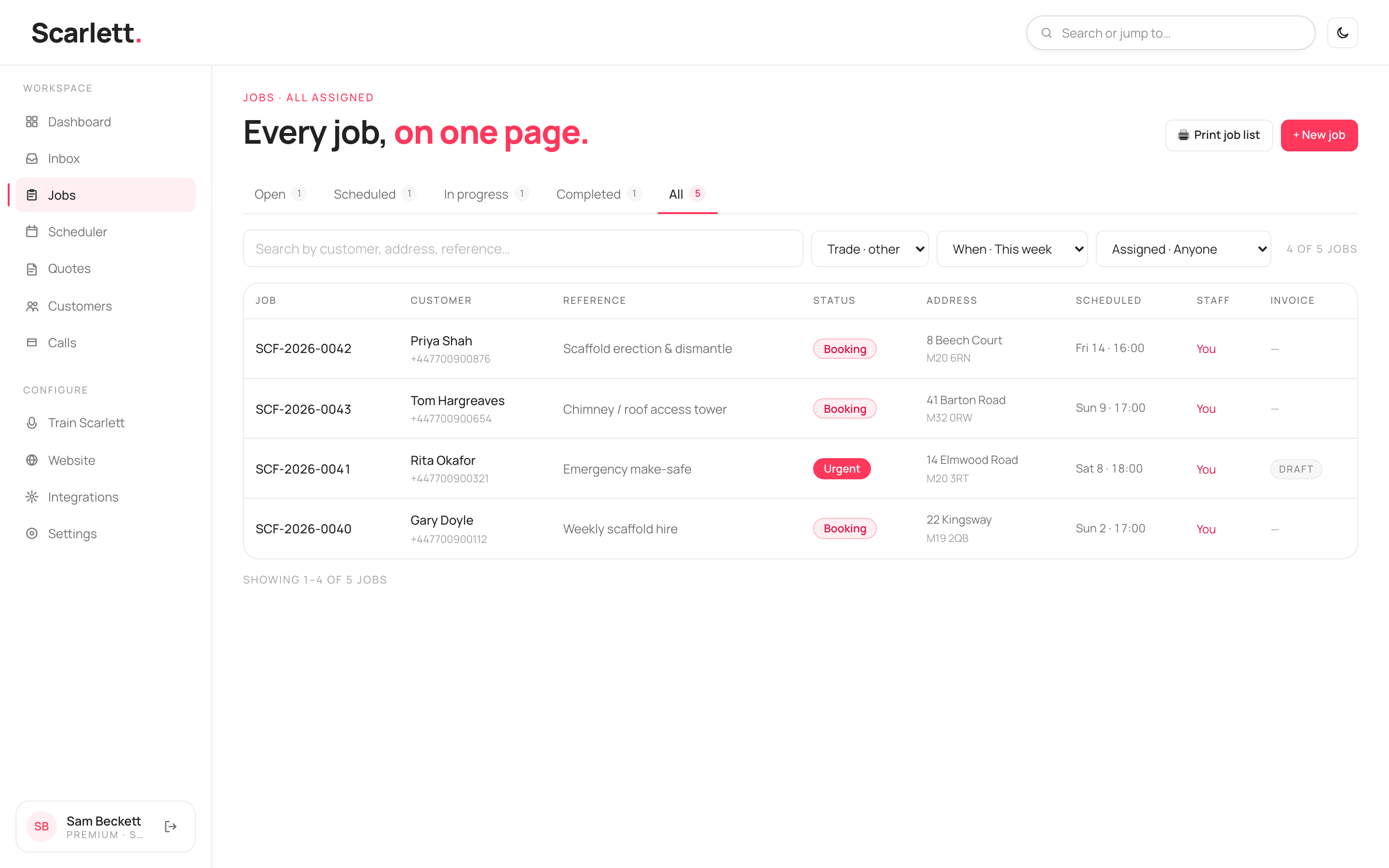 The Jobs list with status tabs and rows for each job showing reference, customer, service, status, address, scheduled time and assignee.