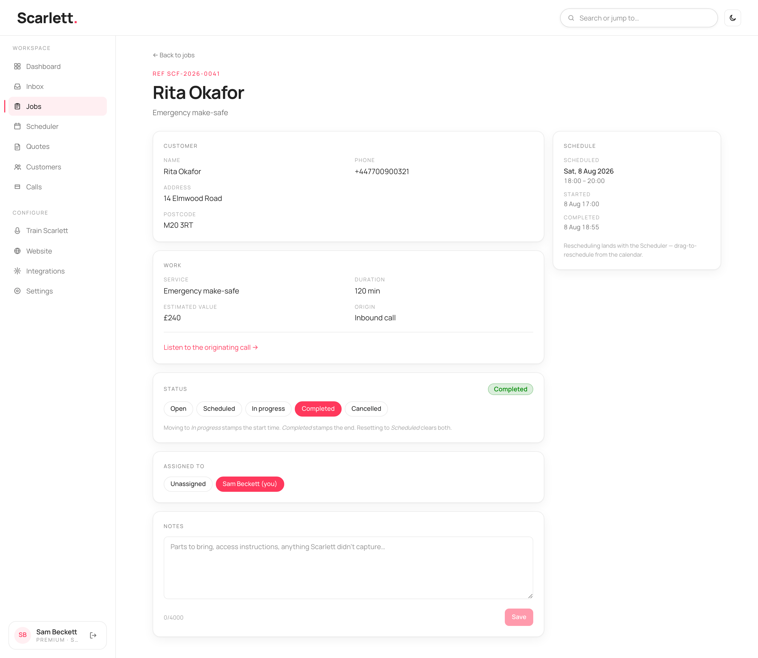 A job's detail with customer and work cards, a status flow, an assignee picker, a notes box and a schedule sidebar.