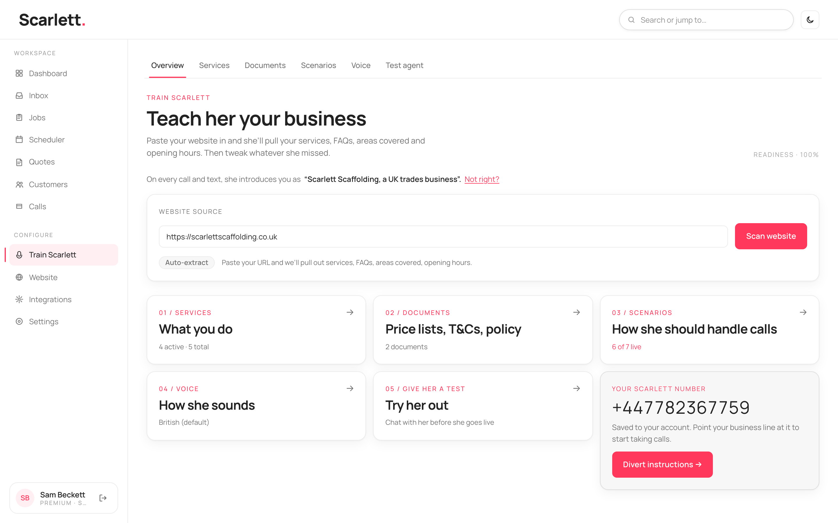 The Train Scarlett overview with a readiness percentage, a Website source box, and status cards for Services, Documents, Scenarios, Voice and a test.
