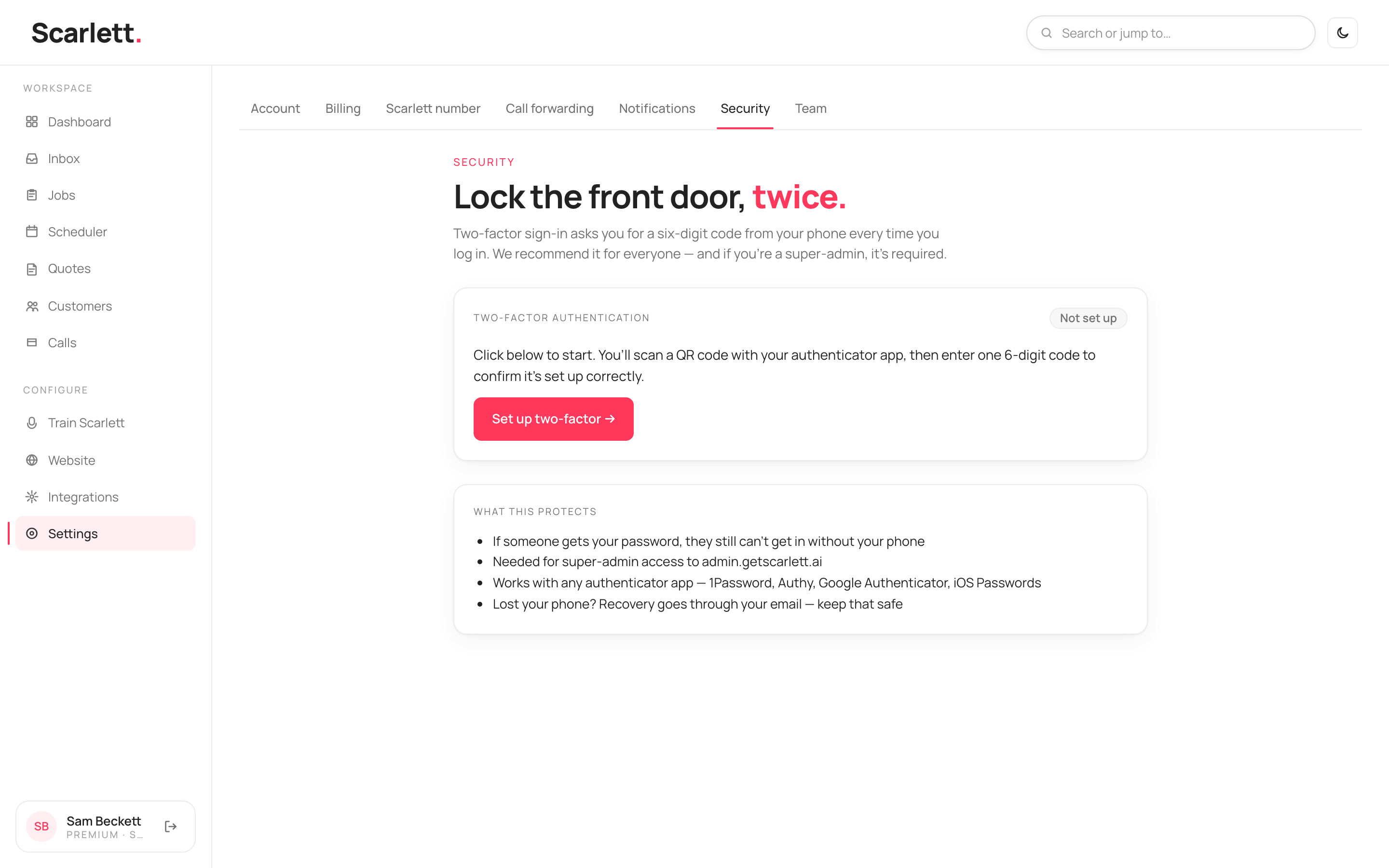 The Security page with a two-factor authentication card showing 'Not set up' and a 'Set up two-factor' button, and a 'What this protects' list.