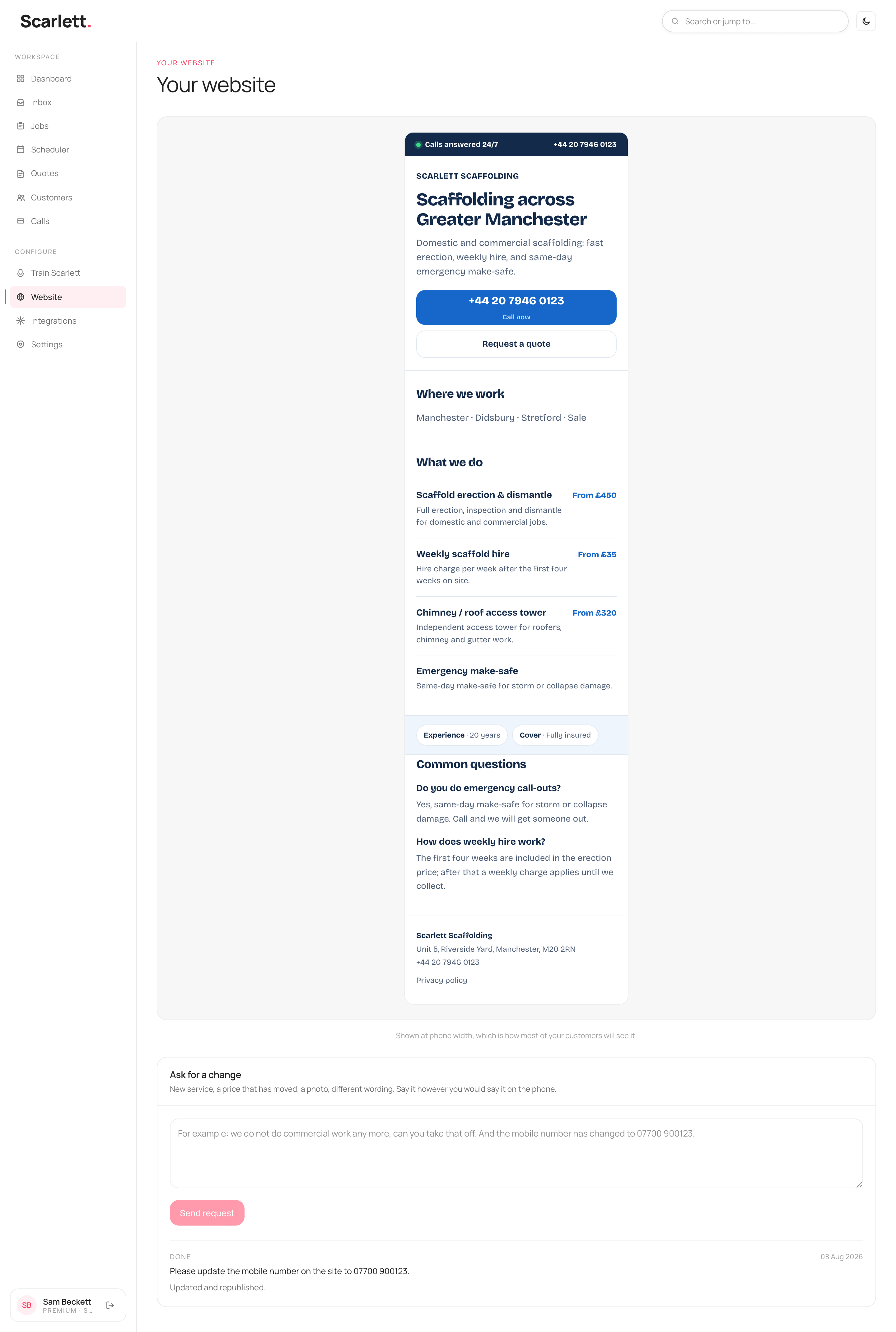 The 'Your website' page showing the site being built for the account and where it sits in the app.