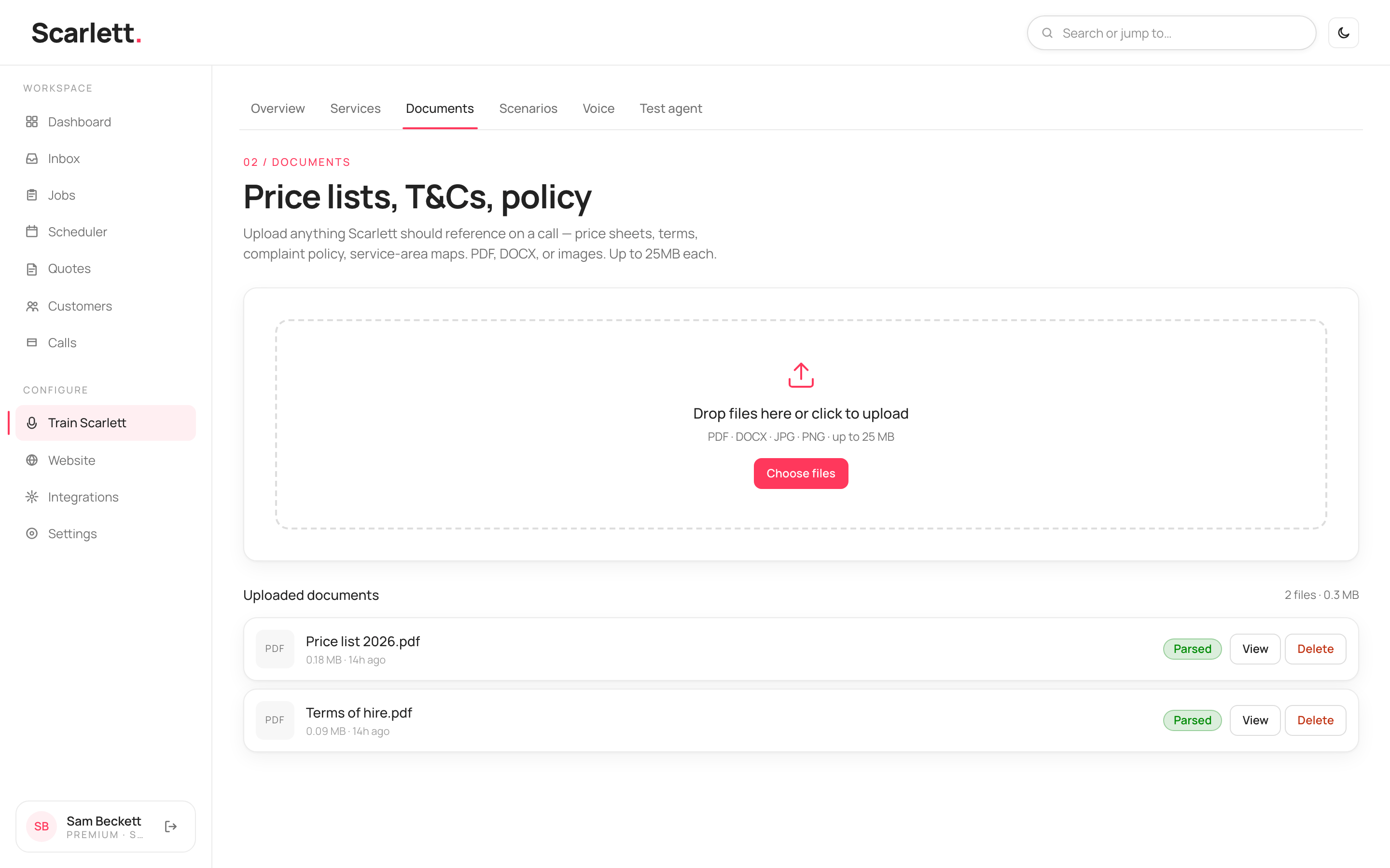 The Documents page with a drop zone for PDF, DOCX or image files up to 25 MB, and a list of uploaded documents with a Parsed badge, size and actions.