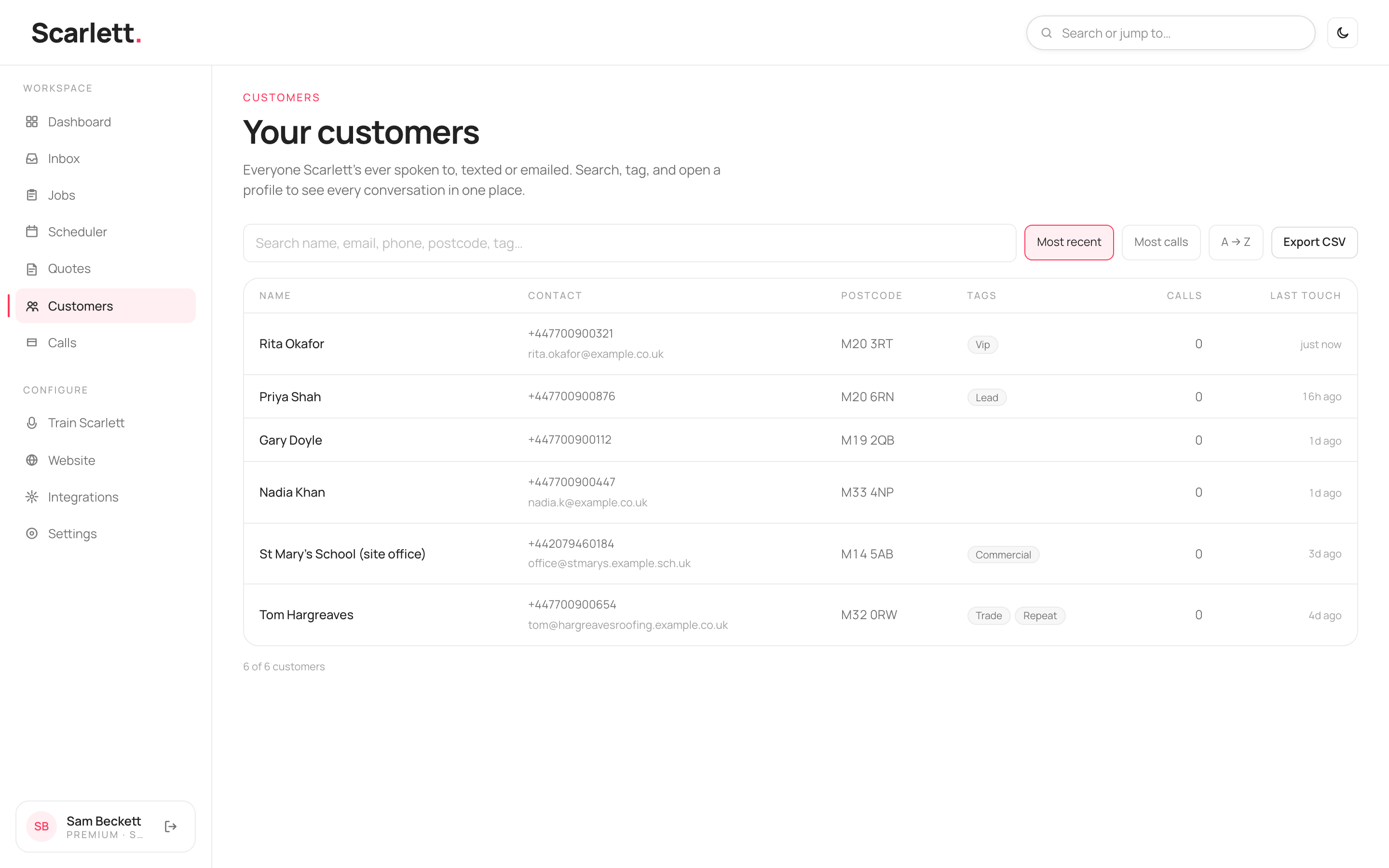 The Customers list with columns for name, contact, postcode, tags, number of calls and last touch, plus search, sort and Export CSV.
