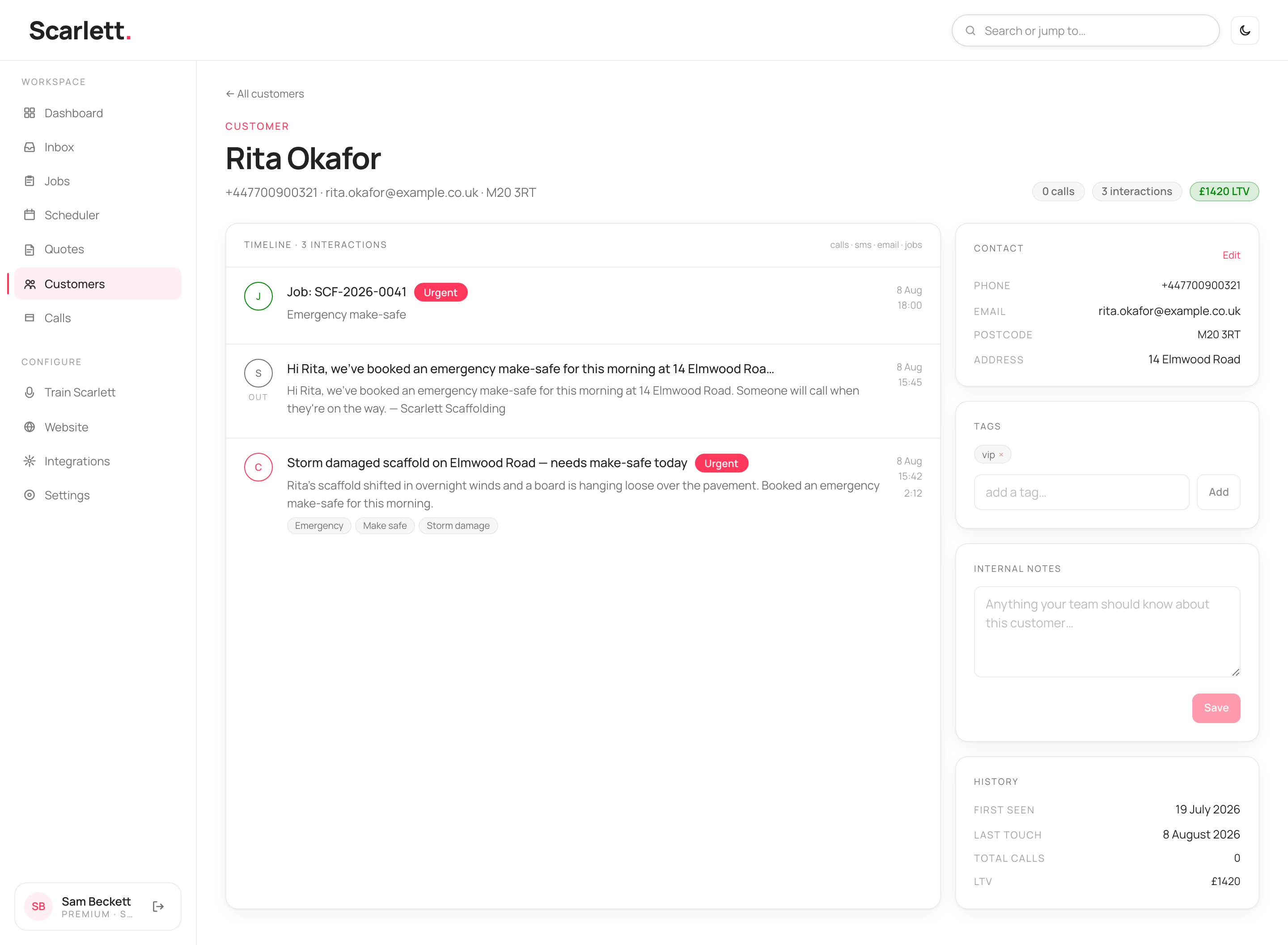 A customer profile with a timeline of every call, text, email and job, and sidebar cards for contact details, tags, internal notes and history including lifetime value.